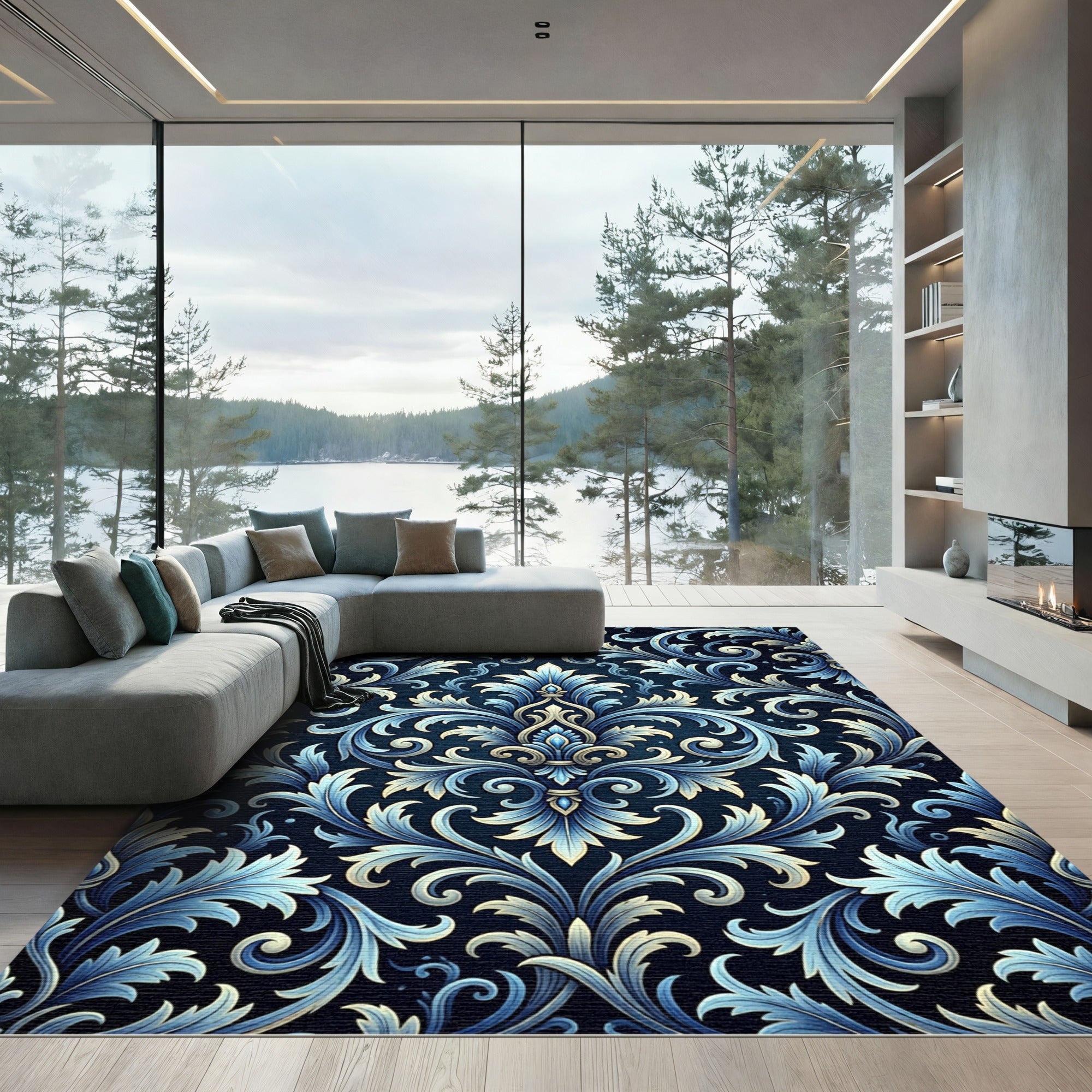 Elegant Blue Ornate Damask Scroll Rug