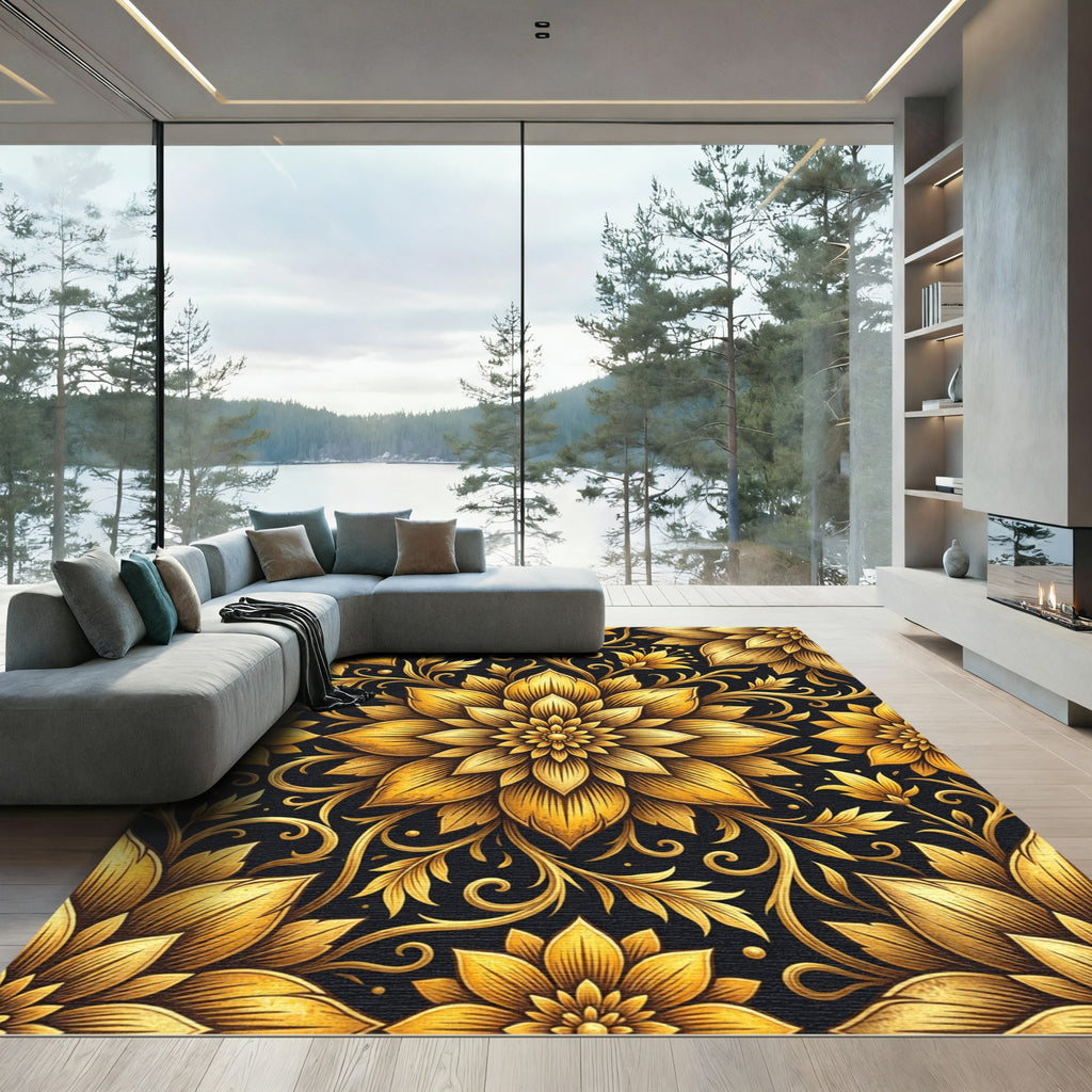 Opulent Gold Floral Damask Filigree Rug