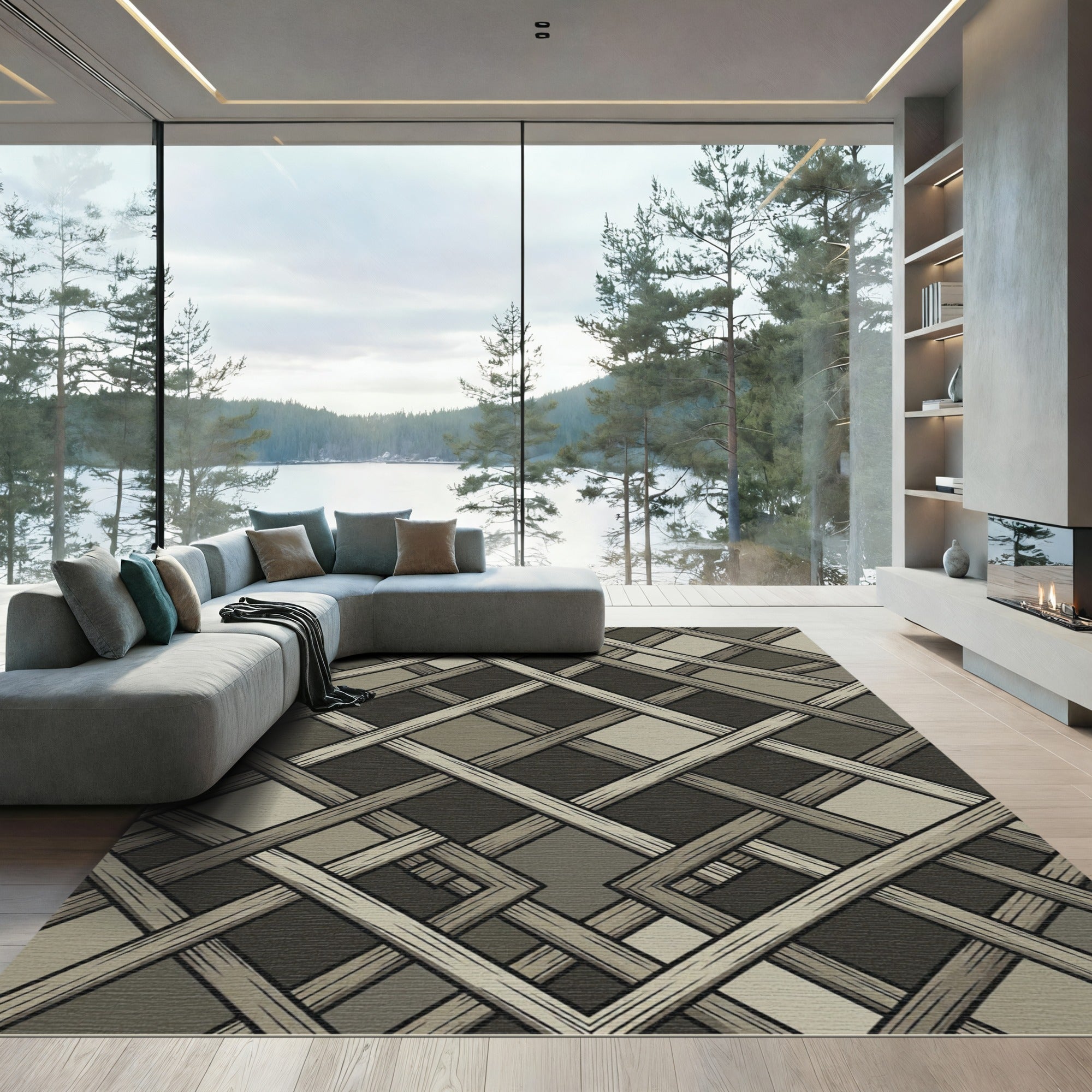 Sophisticated Neutral Grey Geometric Lattice Rug