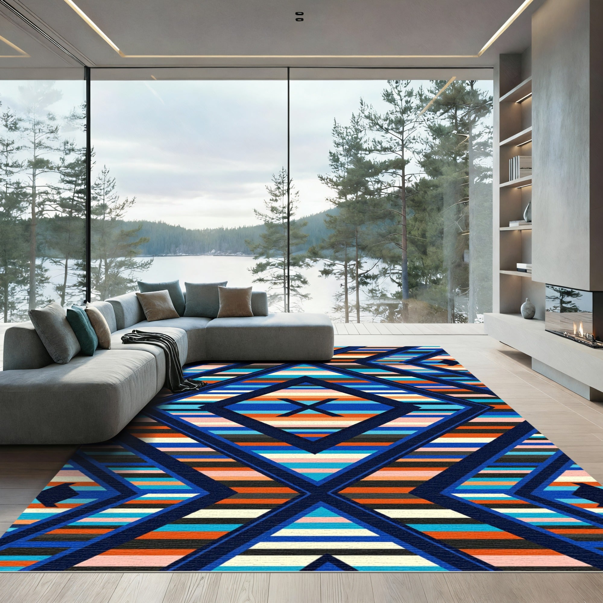 Vibrant Geometric Blue Orange Diamond Multistripe Rug
