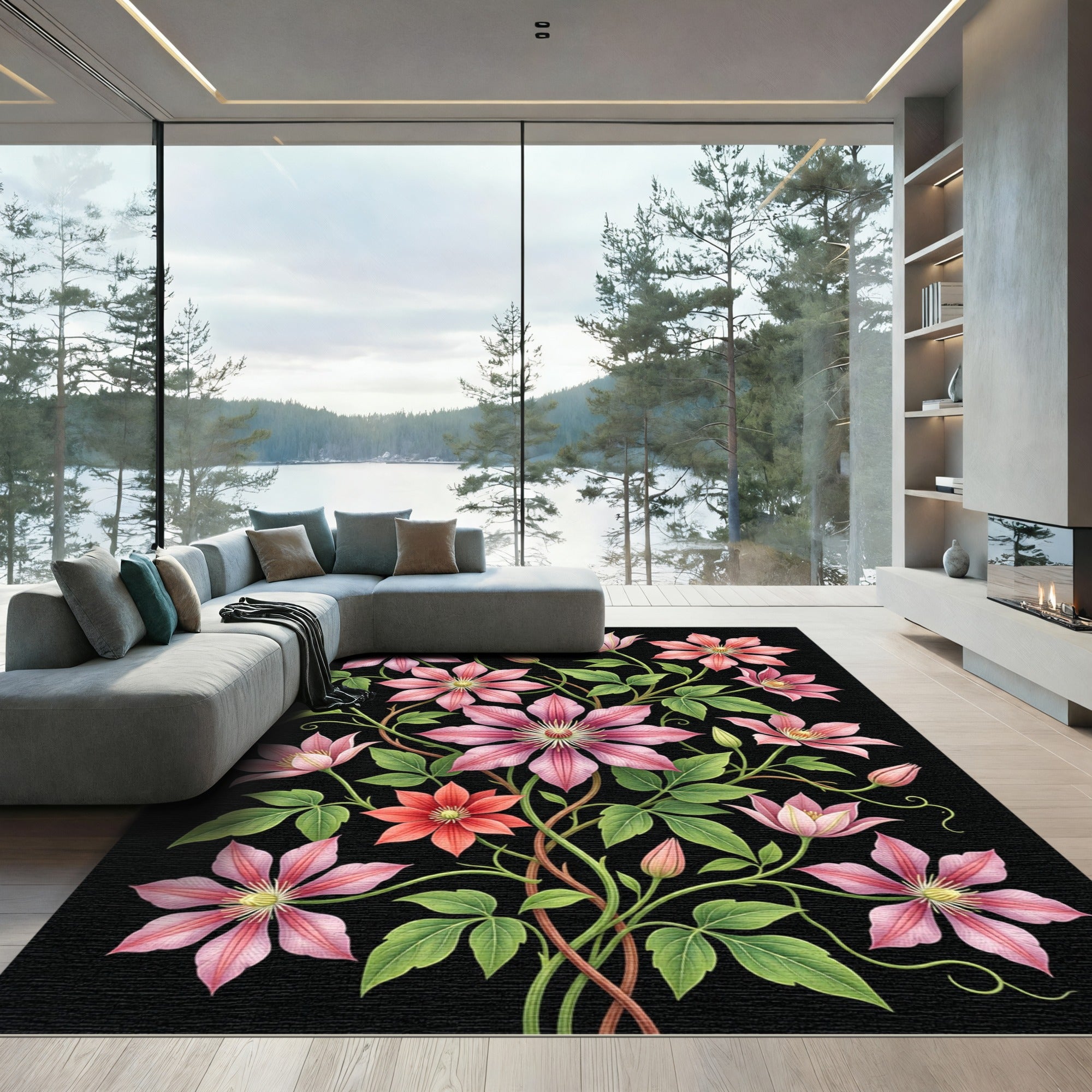 Elegant Pink Clematis Floral Botanical Rug