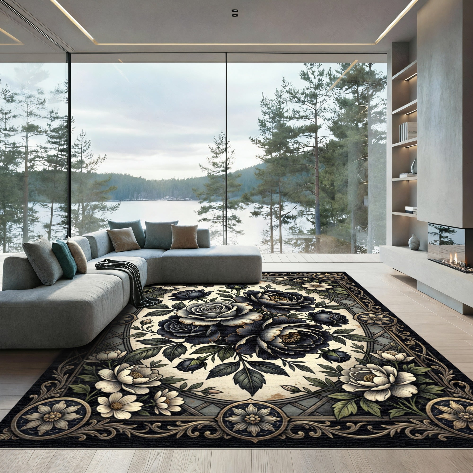 Gothic Black Rose Floral Oval Medallion Rug