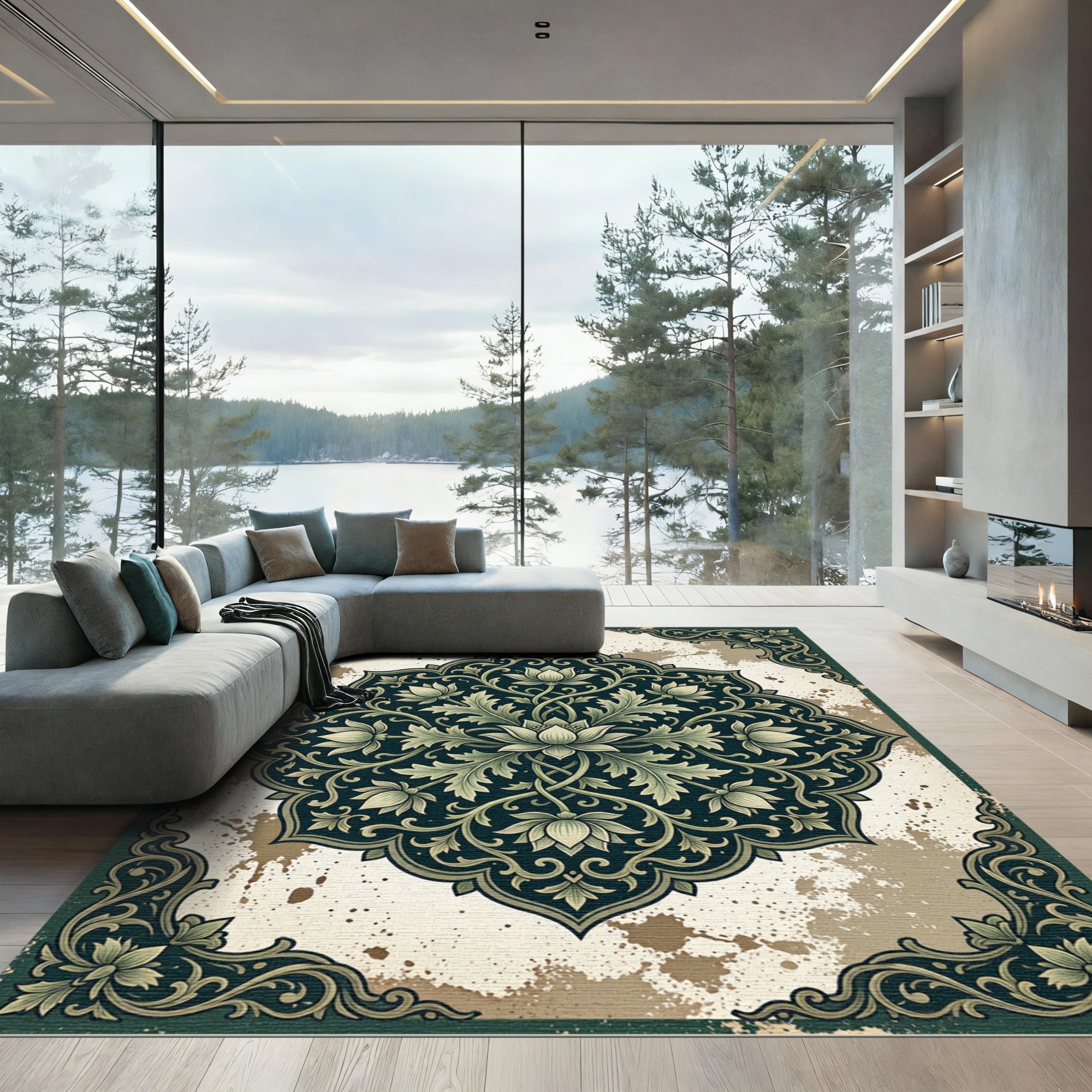 Elegant Sage Forest Lotus Medallion Rug