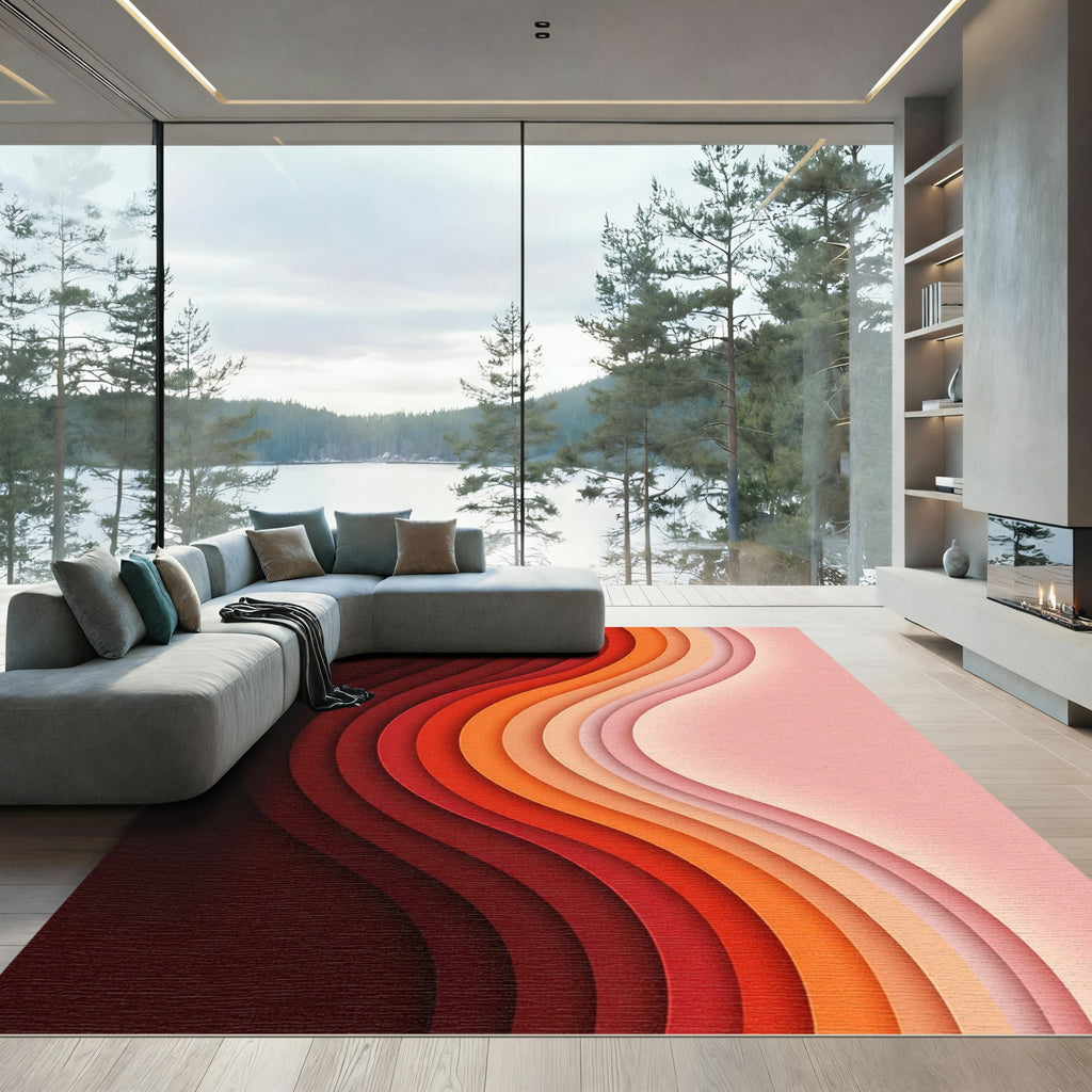 Crimson Orange Layered Wave Rug