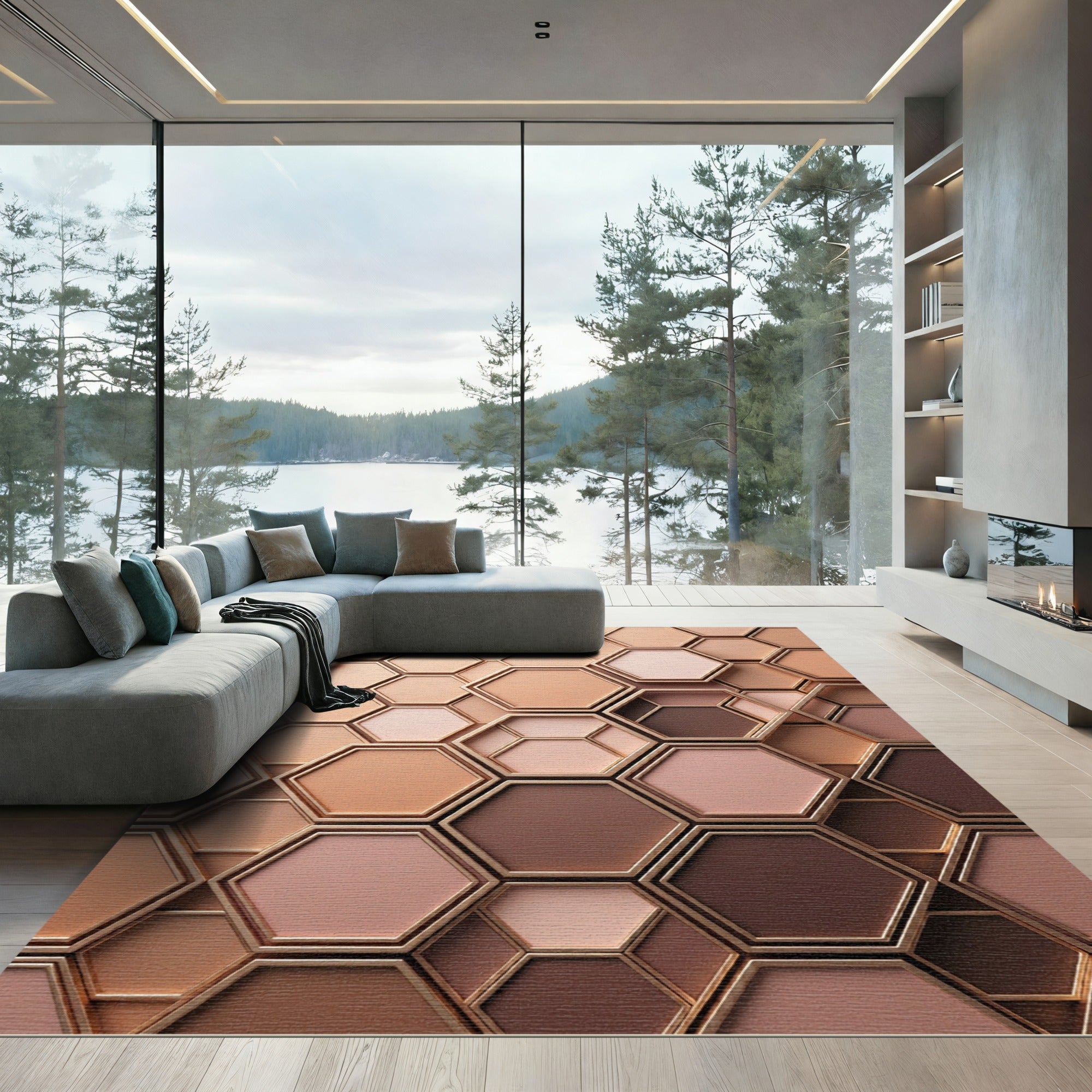 Geometric Hexagon Gold Tone Nude Rug