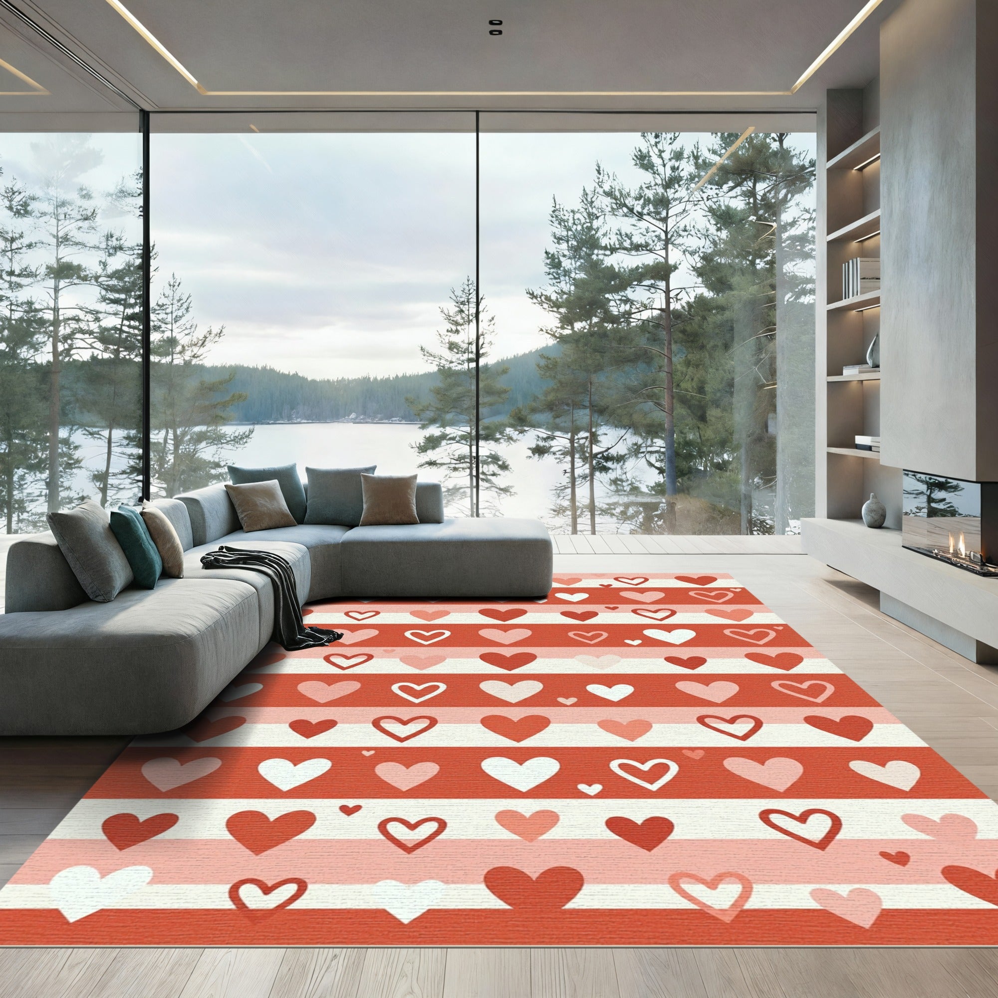 Blushing Hearts On Red Stripes Rug