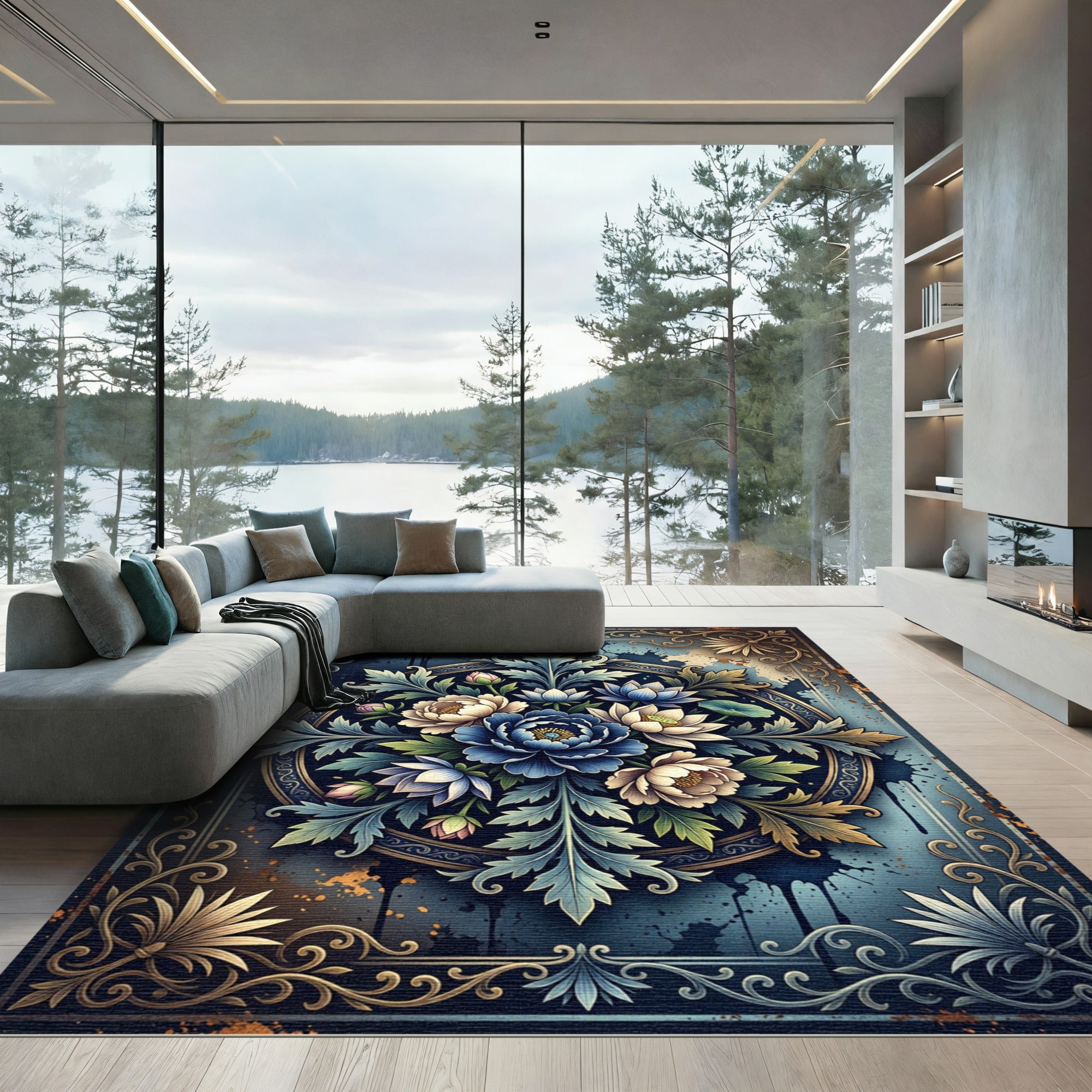 Blue Floral Medallion Botanical Illustration Rug