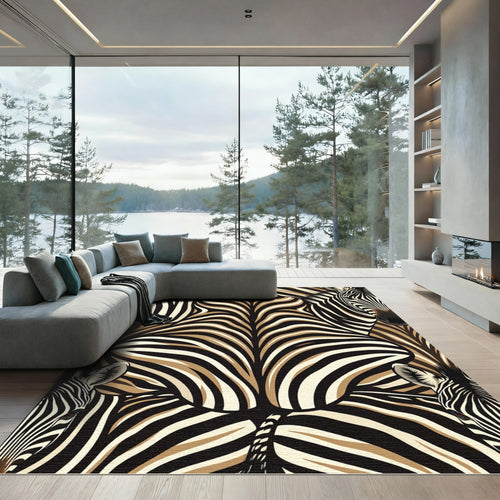 Abstract Tan and Black Zebra Stripe Rug