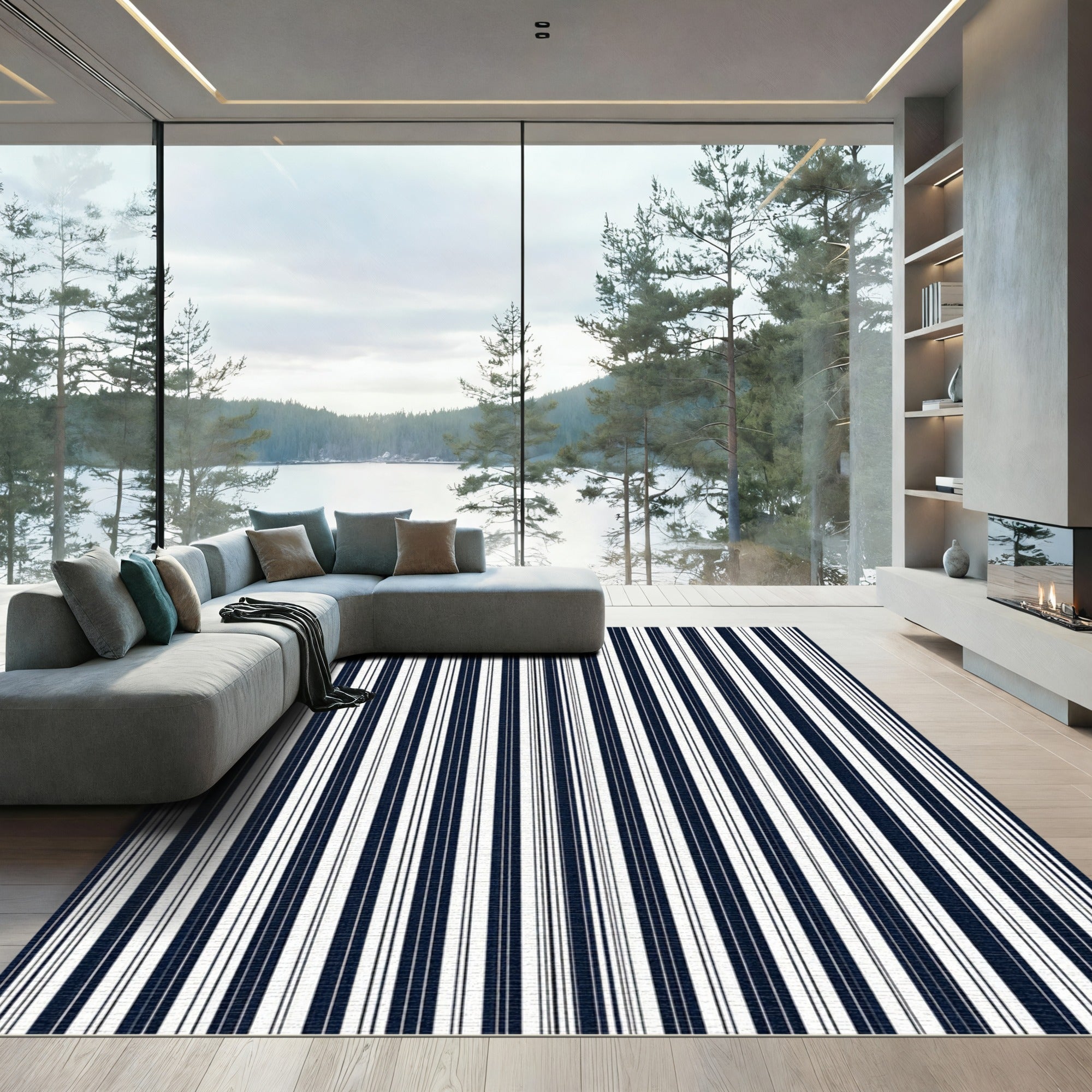 Modern Navy White Vertical Stripe Rug