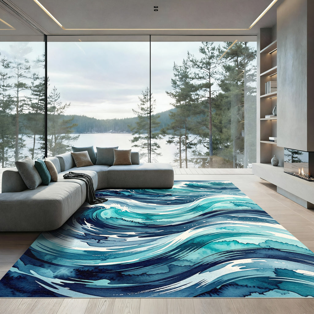 Dynamic Teal Ocean Wave Abstract Rug