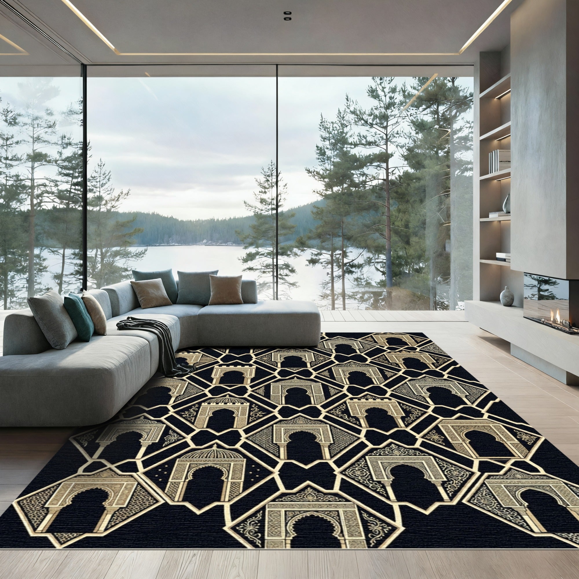 Elegant Archway Golden Geometric Black Rug