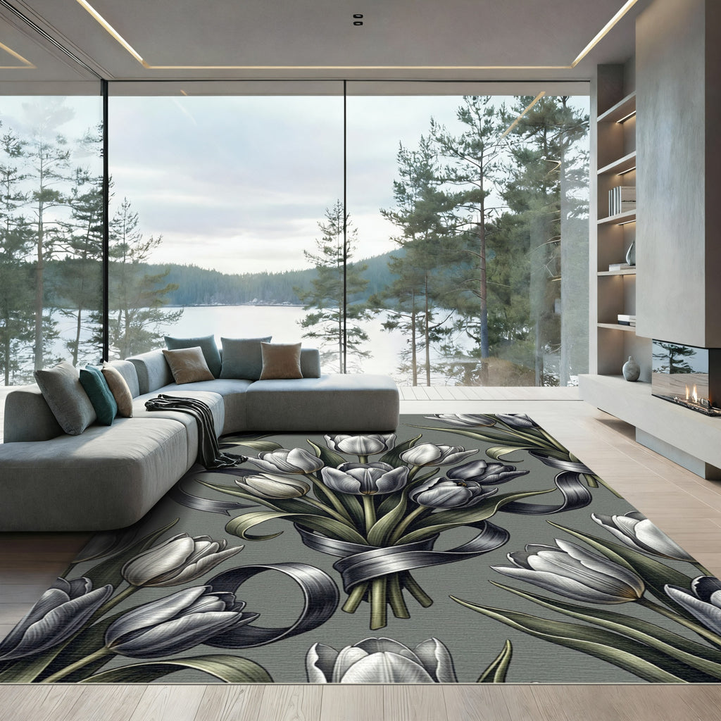 Elegant Silver Tulip Bouquet Damask Rug