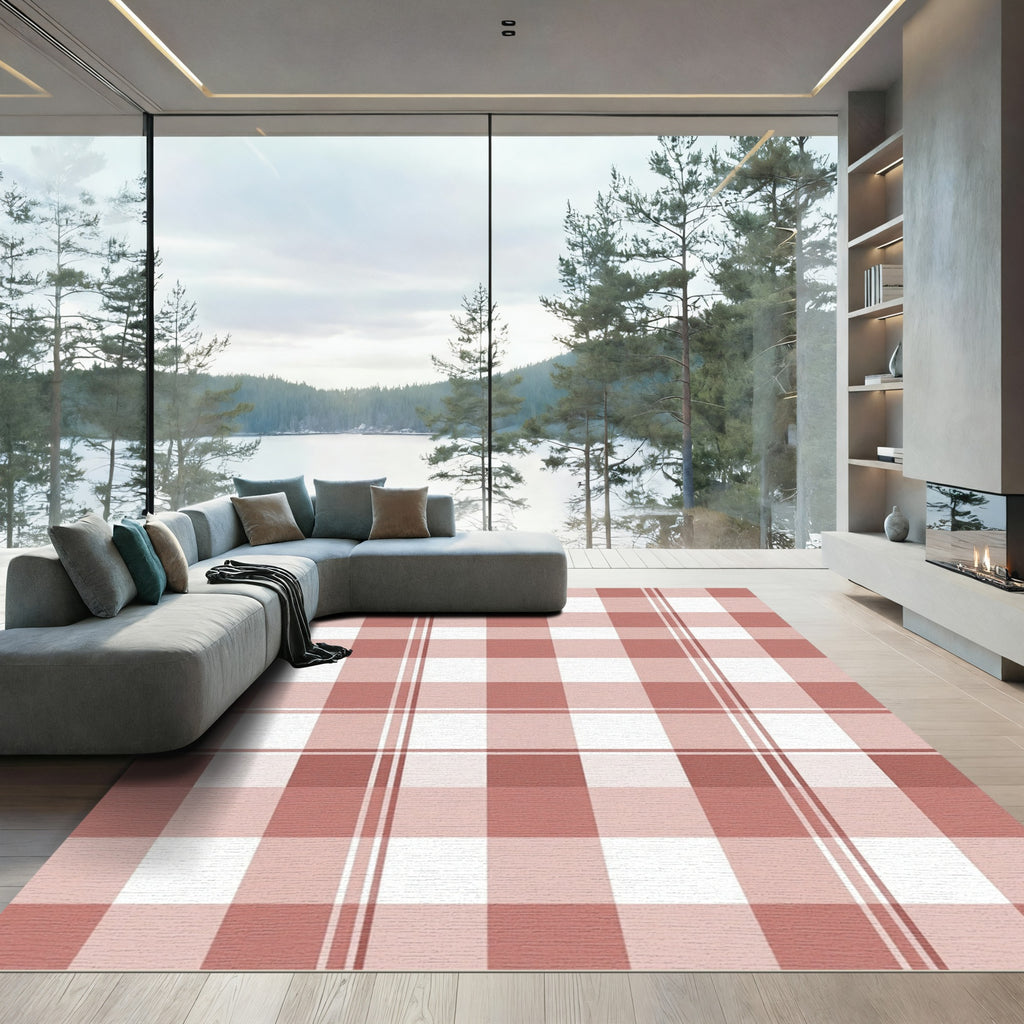 Terracotta White Plaid Checkered Surface Rug