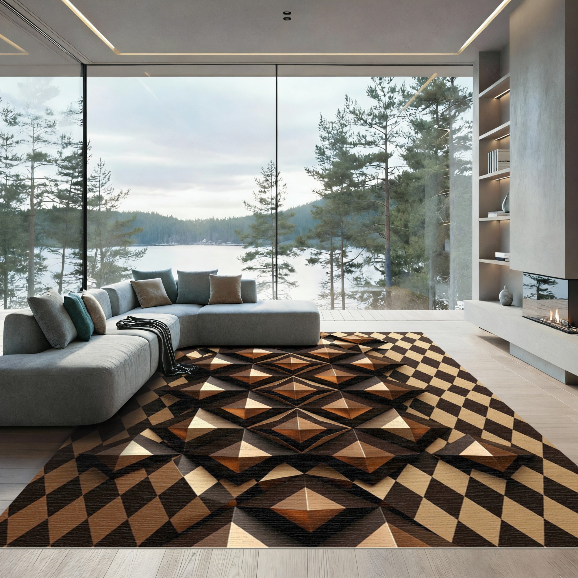 Brown Gold Dimensional Diamond Overlay Rug