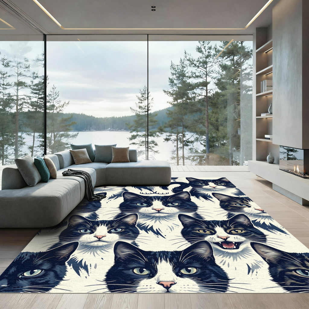 Monochrome Black and White Cat Portrait Rug