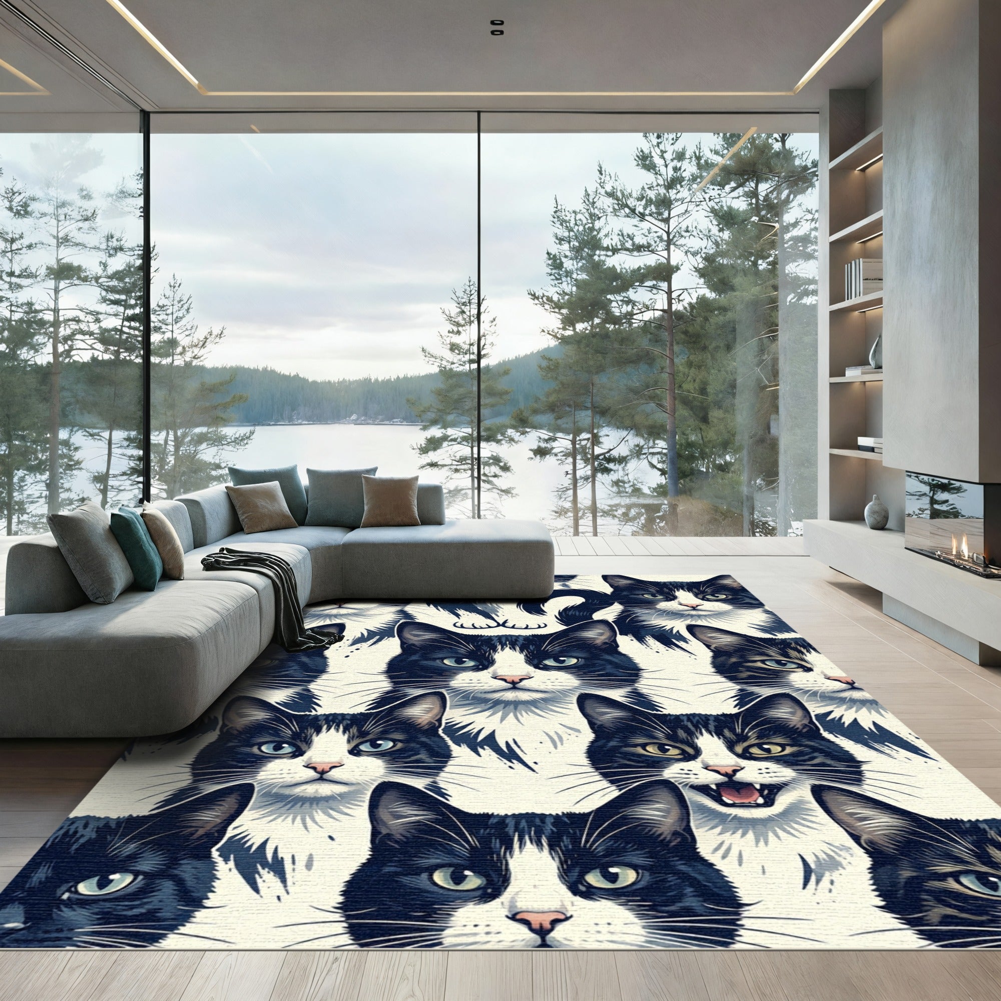 Monochrome Black and White Cat Portrait Rug