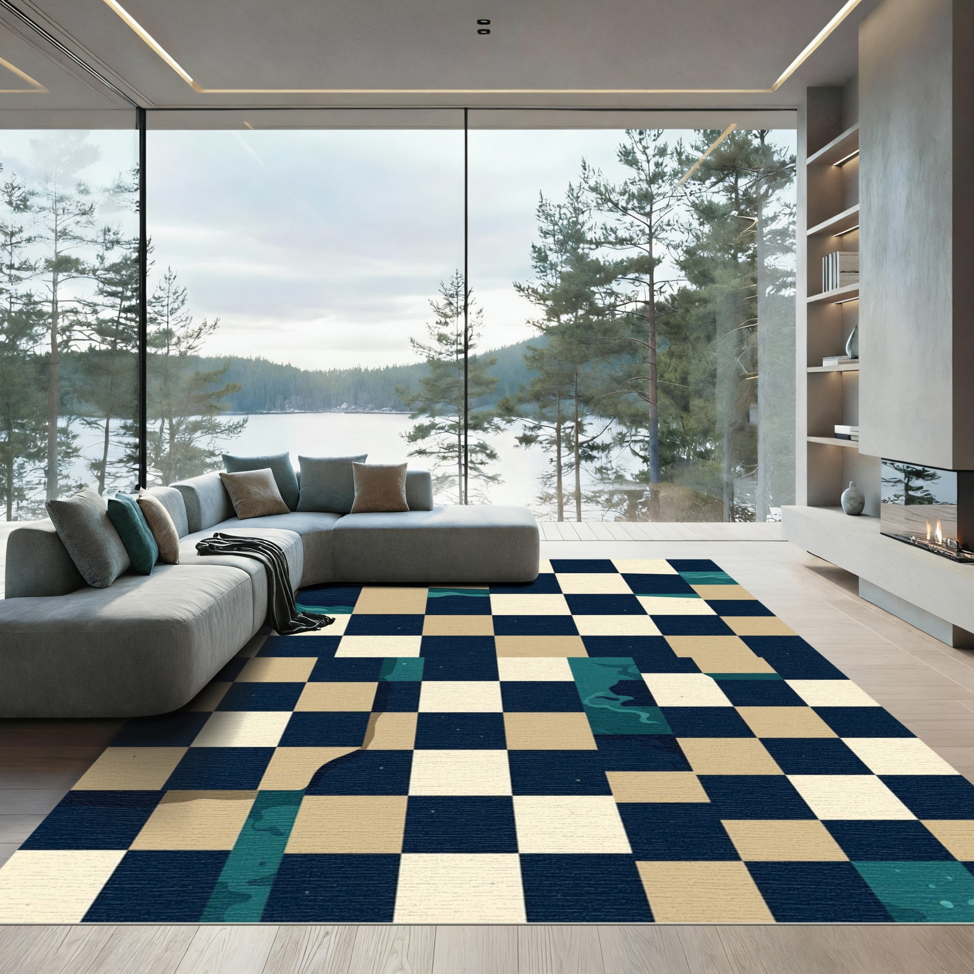 Checkered Abstract Teal Wave Grid Rug