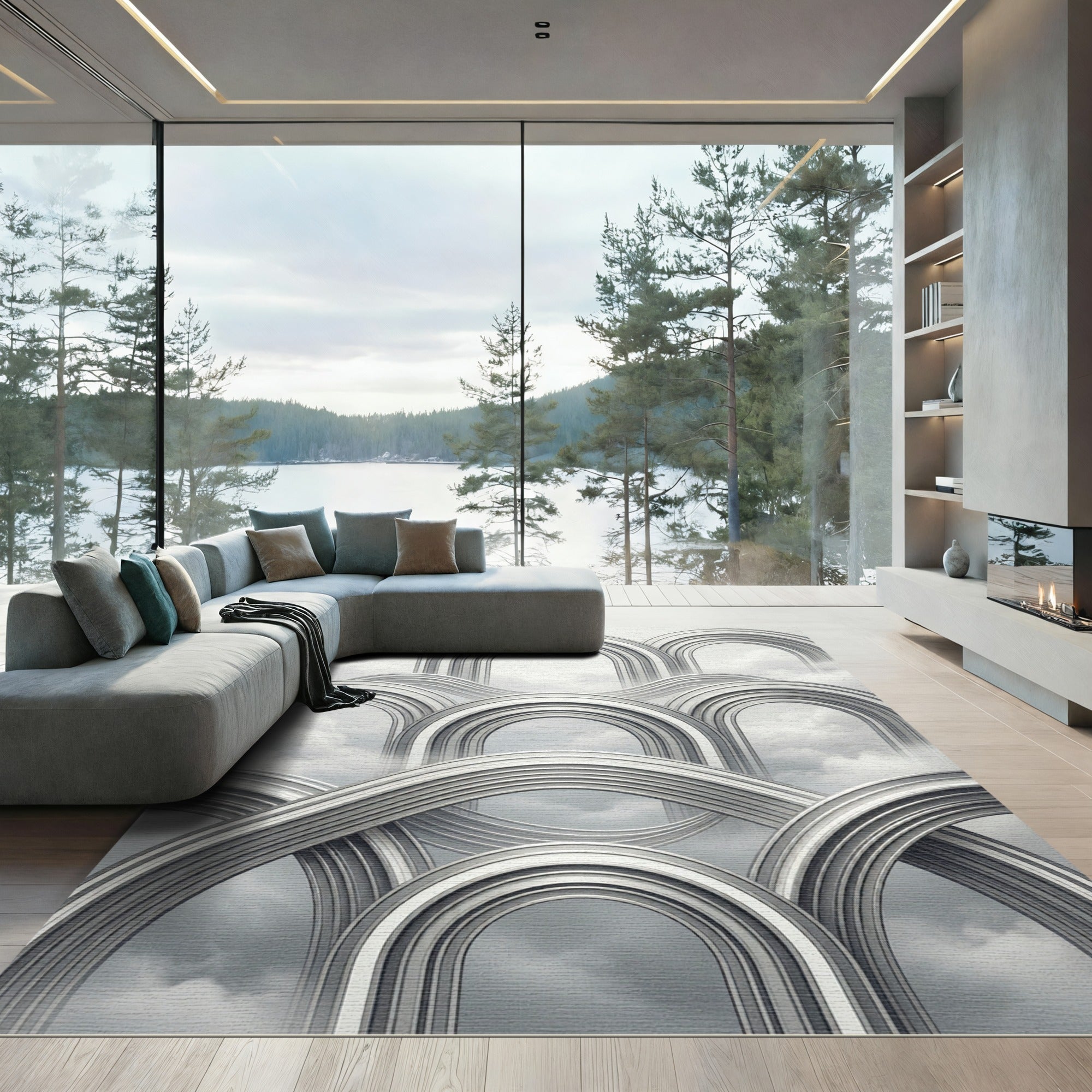 Monochromatic Silver Cloud Arched Structure Rug