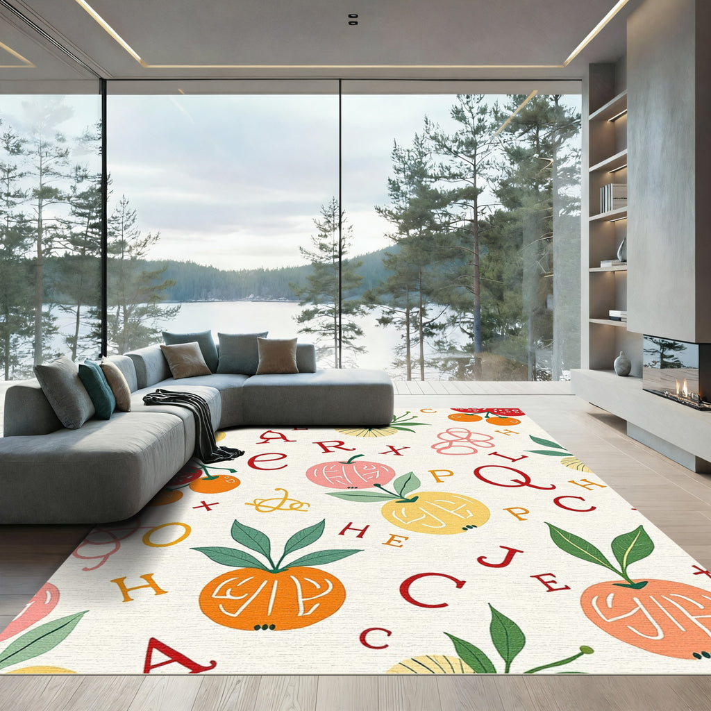 Whimsical Fruit and Letter Collage Rug