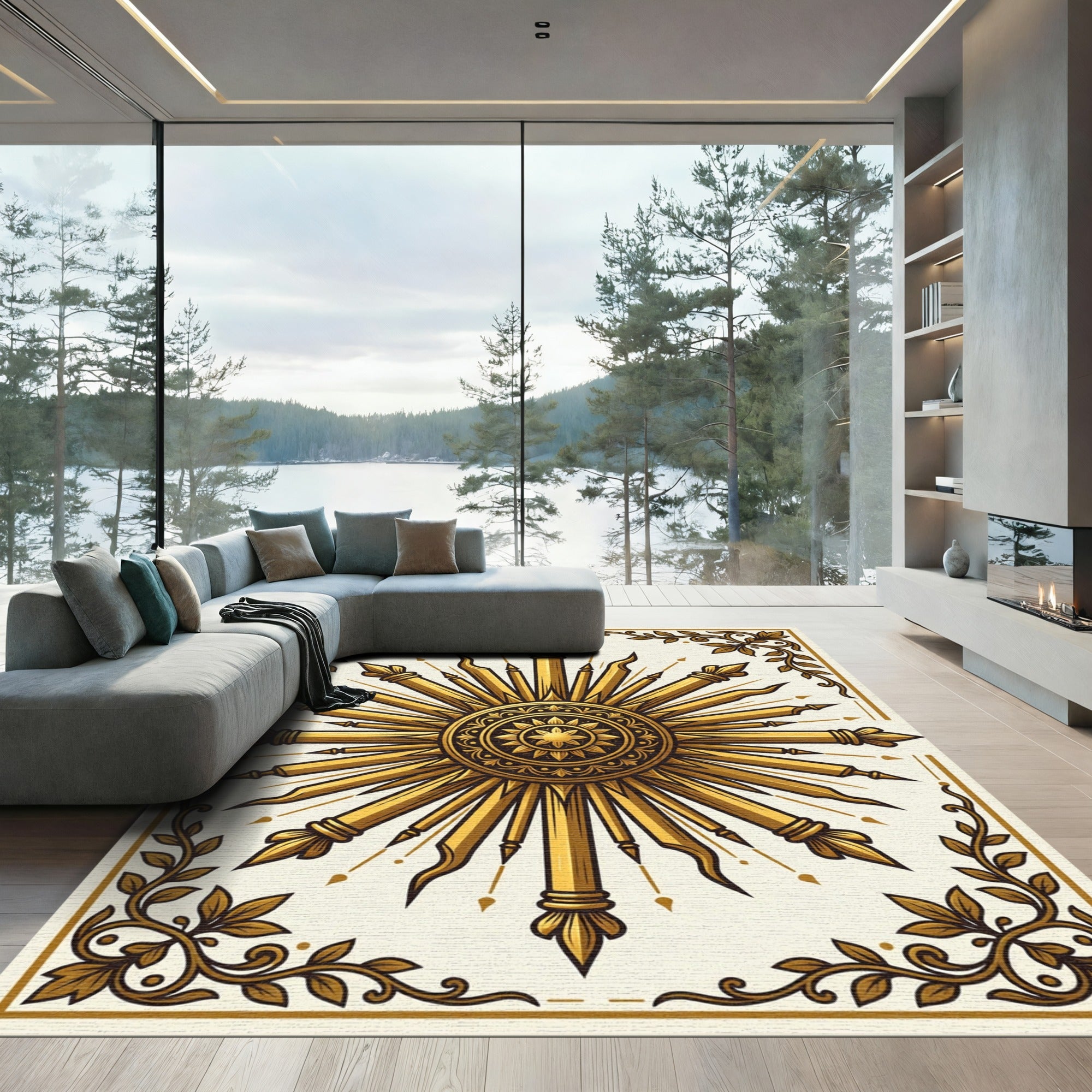Golden Sunburst Ornament Laurel Wreath Rug
