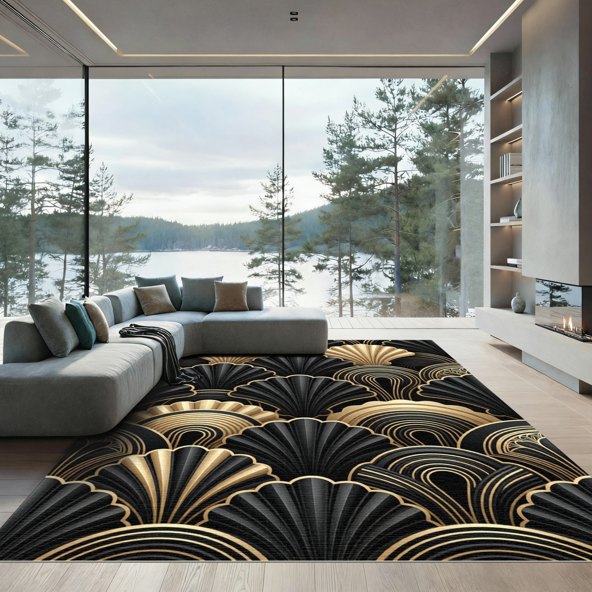 Elegant Gold and Black Art Deco Fan Rug