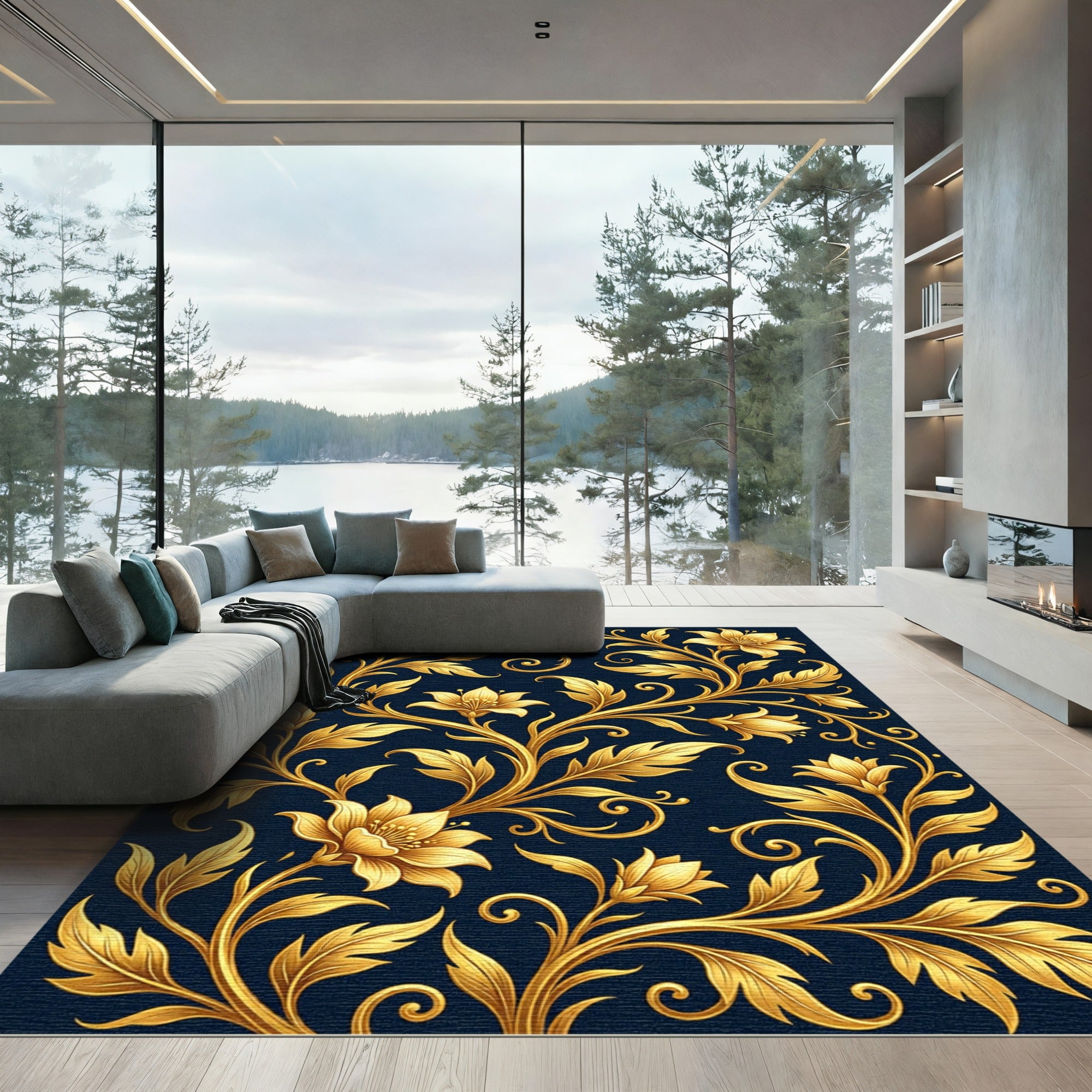 Golden Floral Vine Dark Background Rug