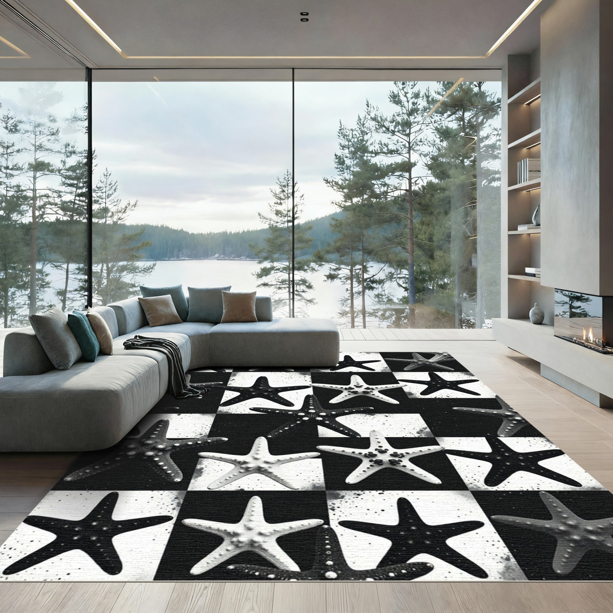 Monochrome Starfish Checkerboard Statement Rug