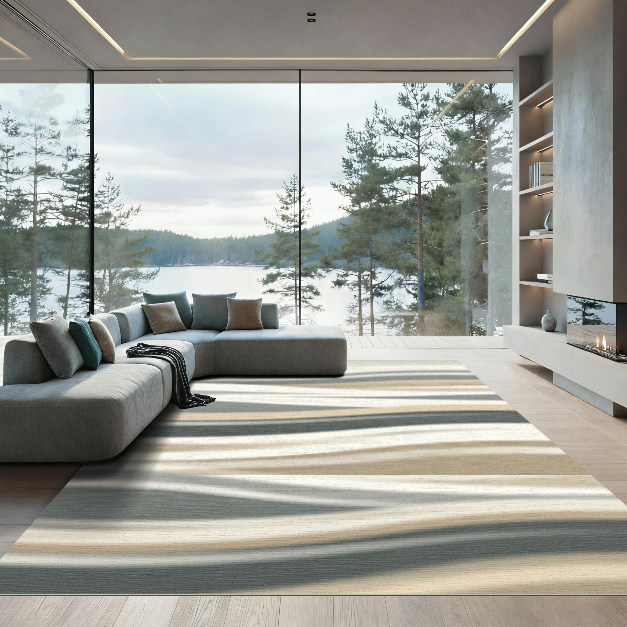 Modern Abstract Neutral Wavy Stripe Rug