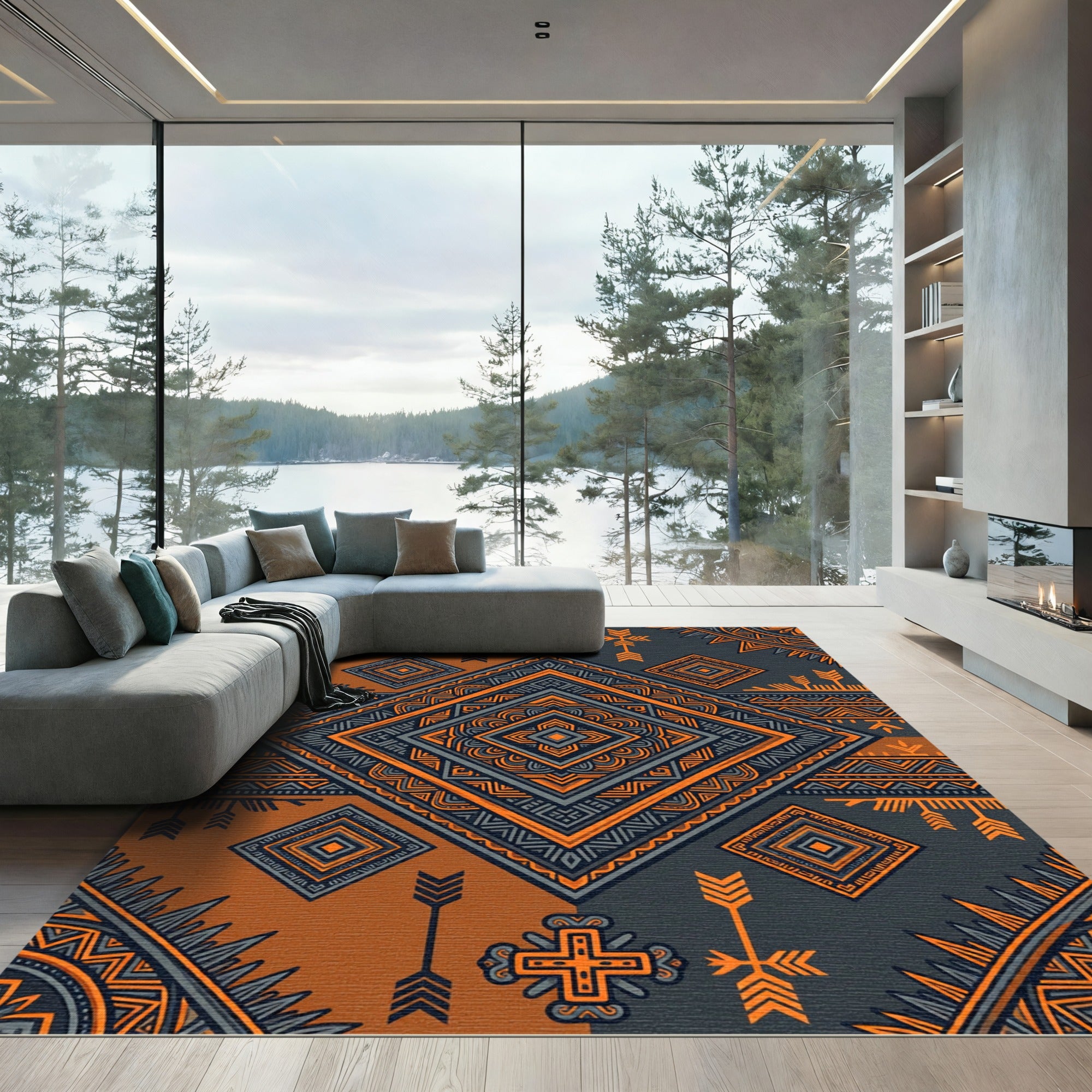 Bold Charcoal and Amber Geometric Totem Rug