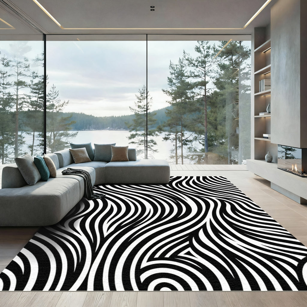 Monochrome Abstract Flowing Wave Lines Rug