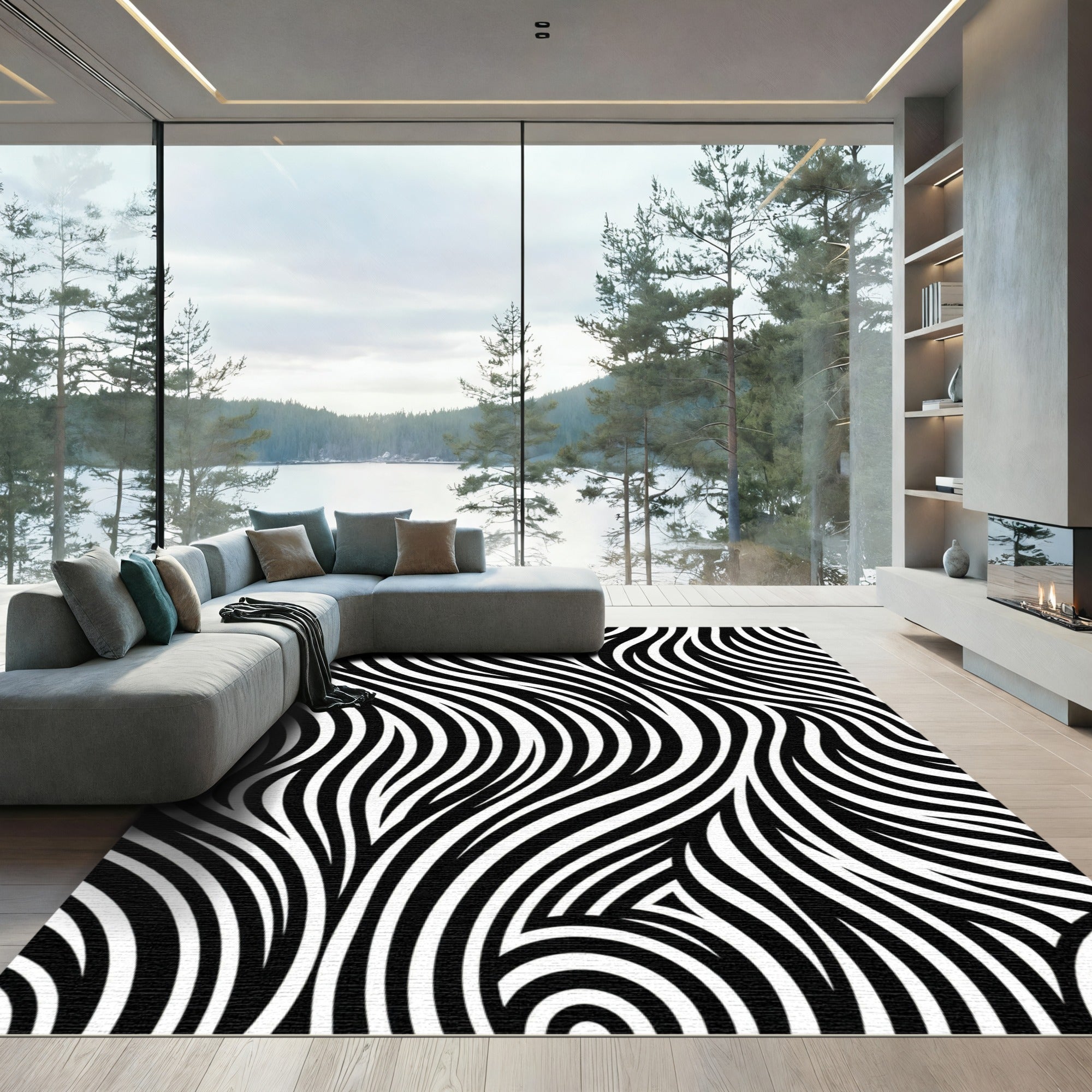Monochrome Abstract Flowing Wave Lines Rug