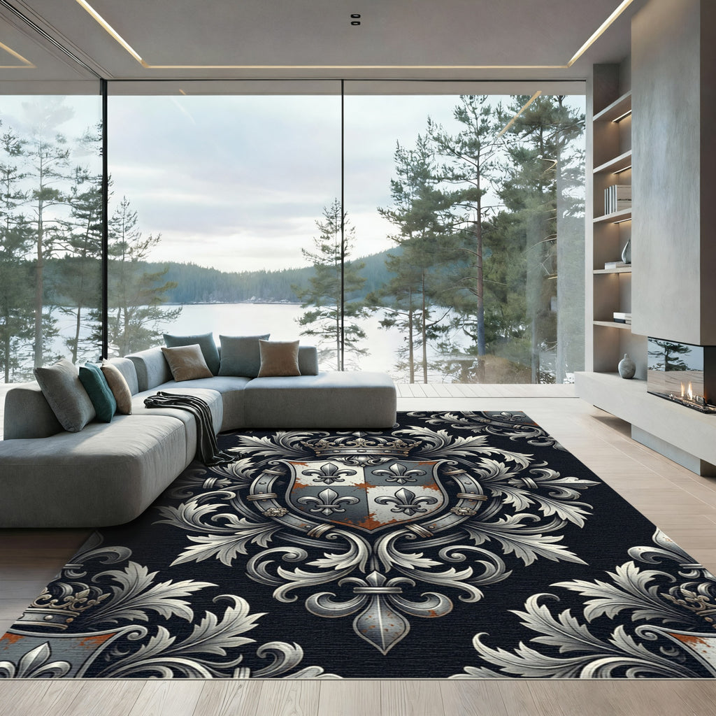 Royal Silver Fleur de Lis Heraldic Scroll Rug
