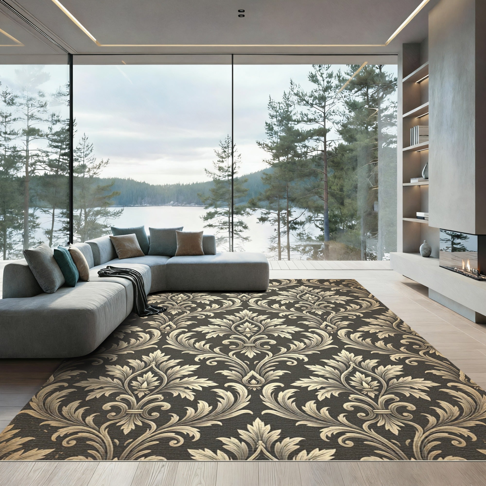Elegant Charcoal and Gold Damask Wallpaper Rug