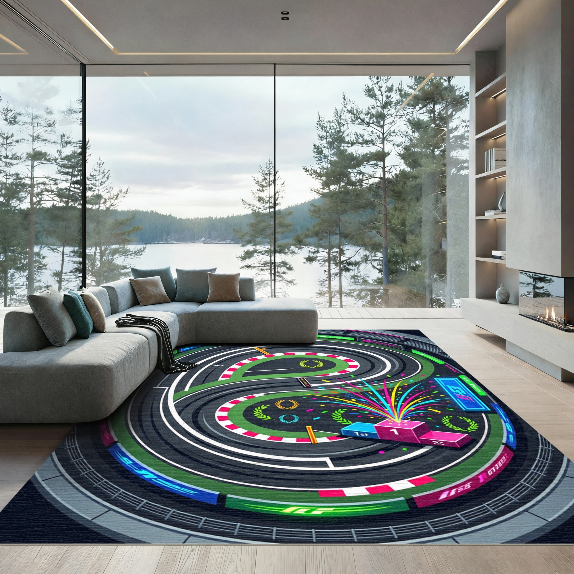 Vibrant Neon Oval Racing Circuit Rug