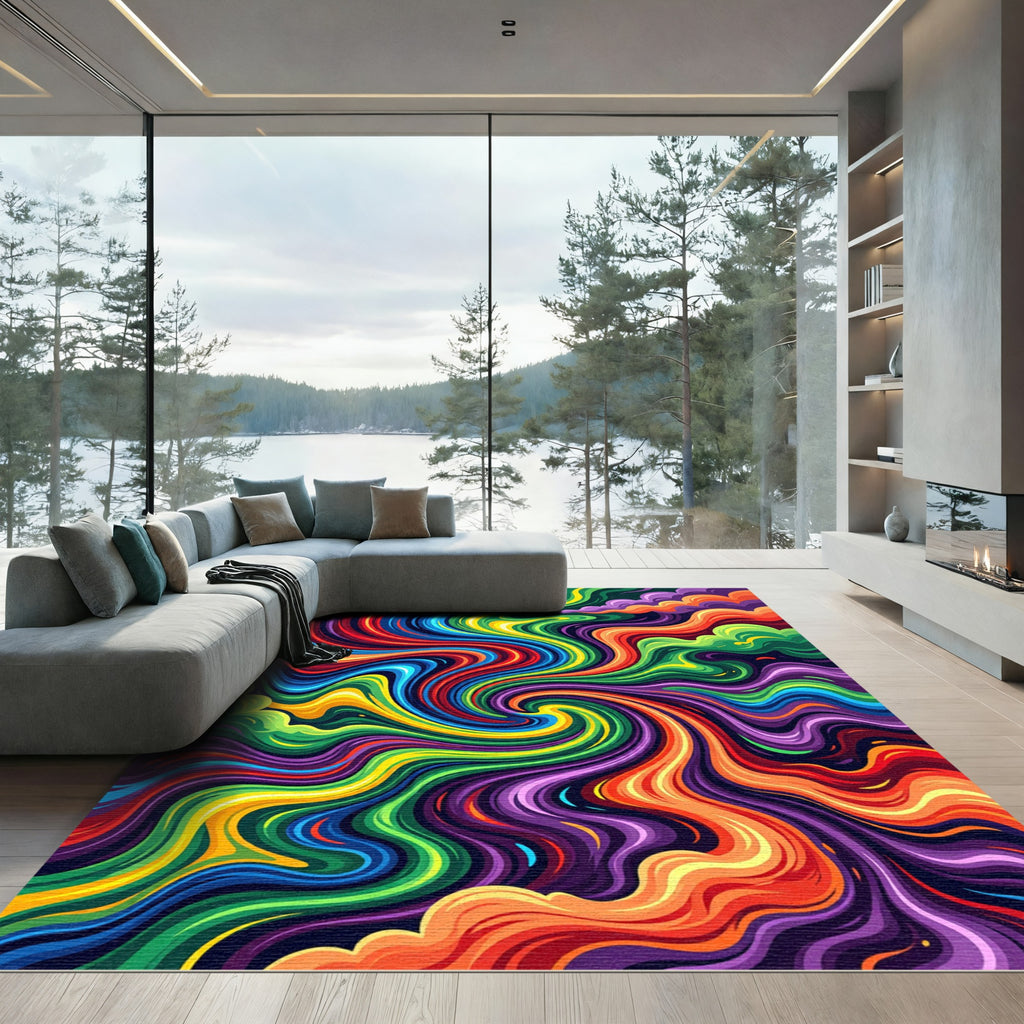 Vibrant Psychedelic Swirling Rainbow Marble Rug