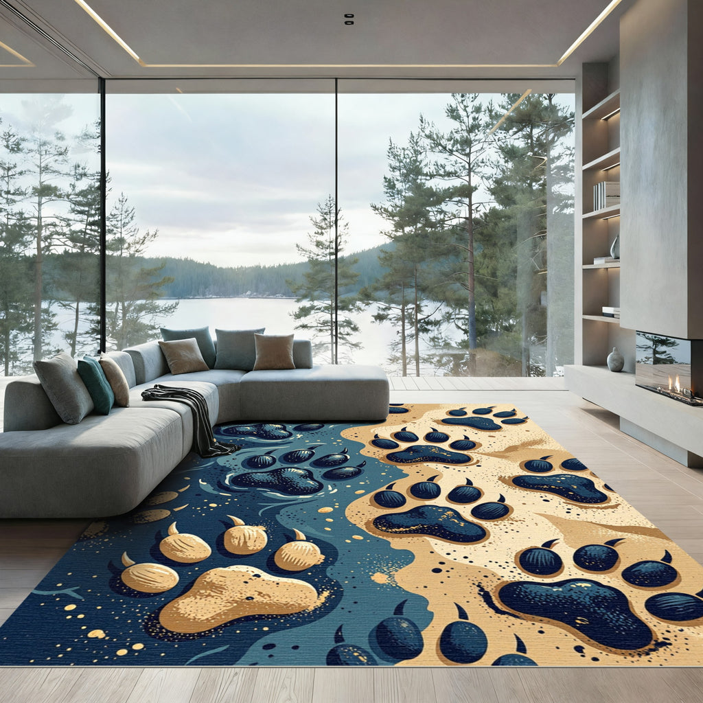 Abstract Blue and Sand Paw Prints Rug