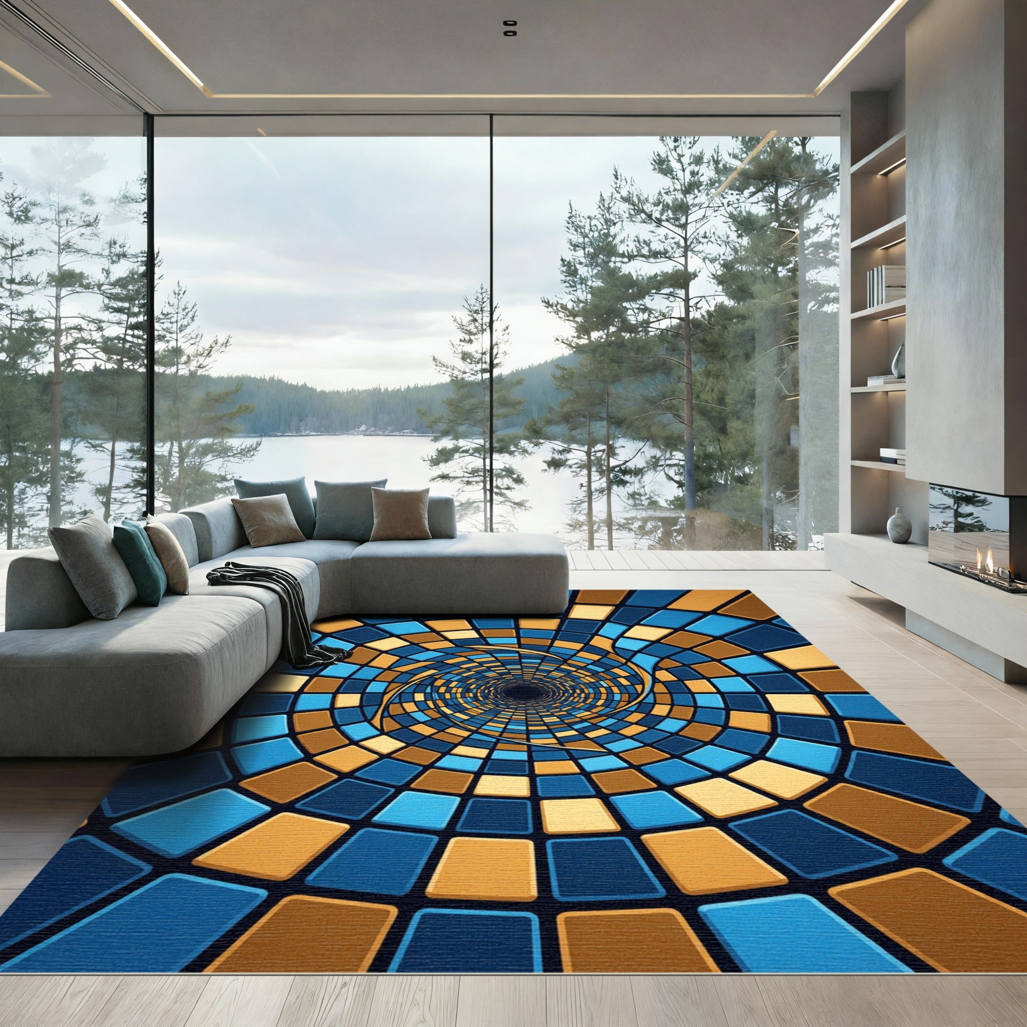 Modern Blue and Gold Spiral Vortex Rug