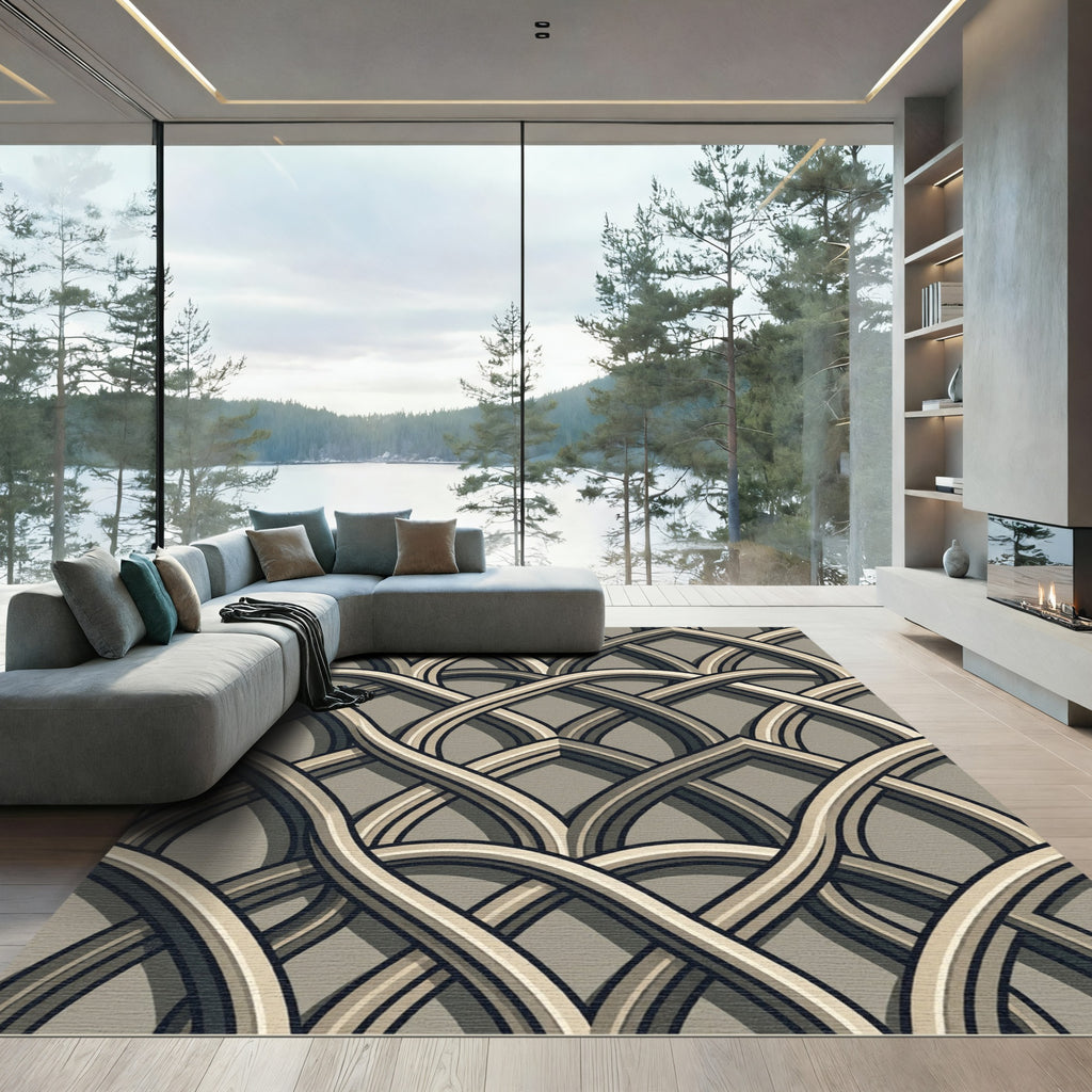 Elegant Taupe Interlocking Arched Lattice Rug