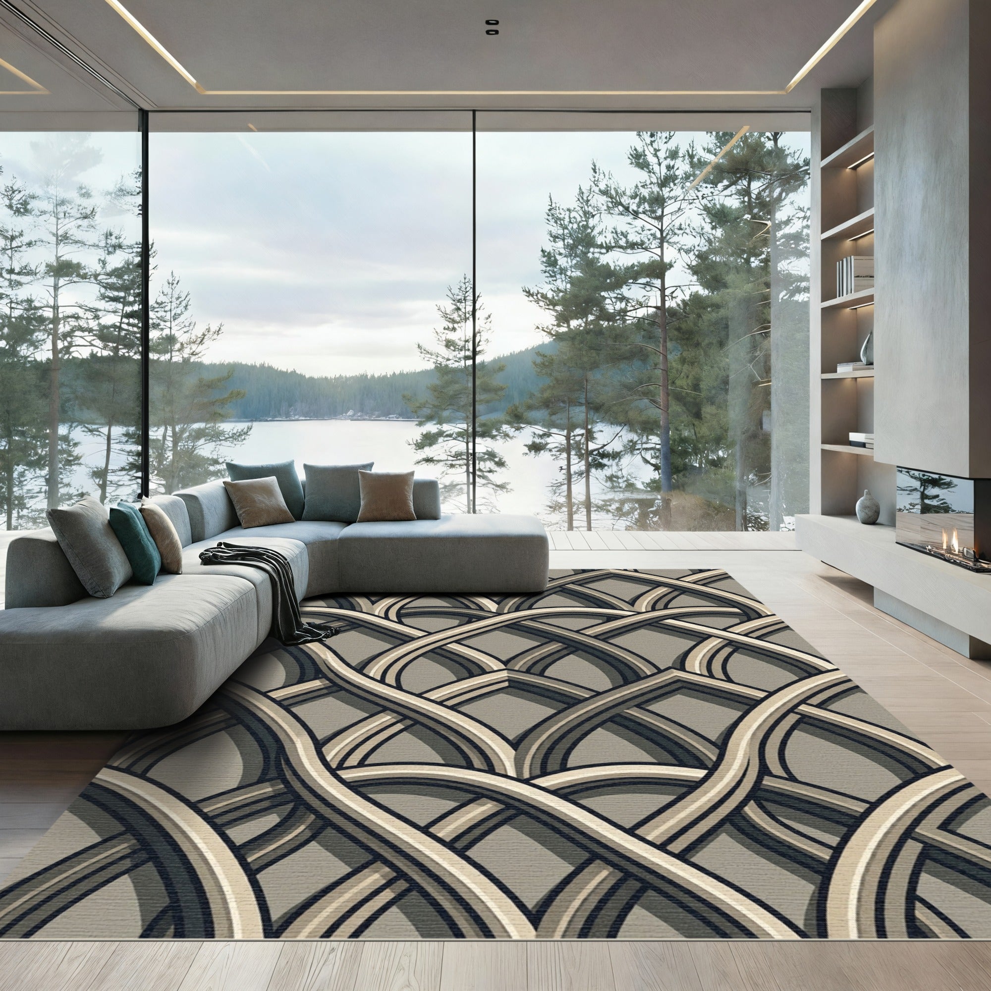 Elegant Taupe Interlocking Arched Lattice Rug