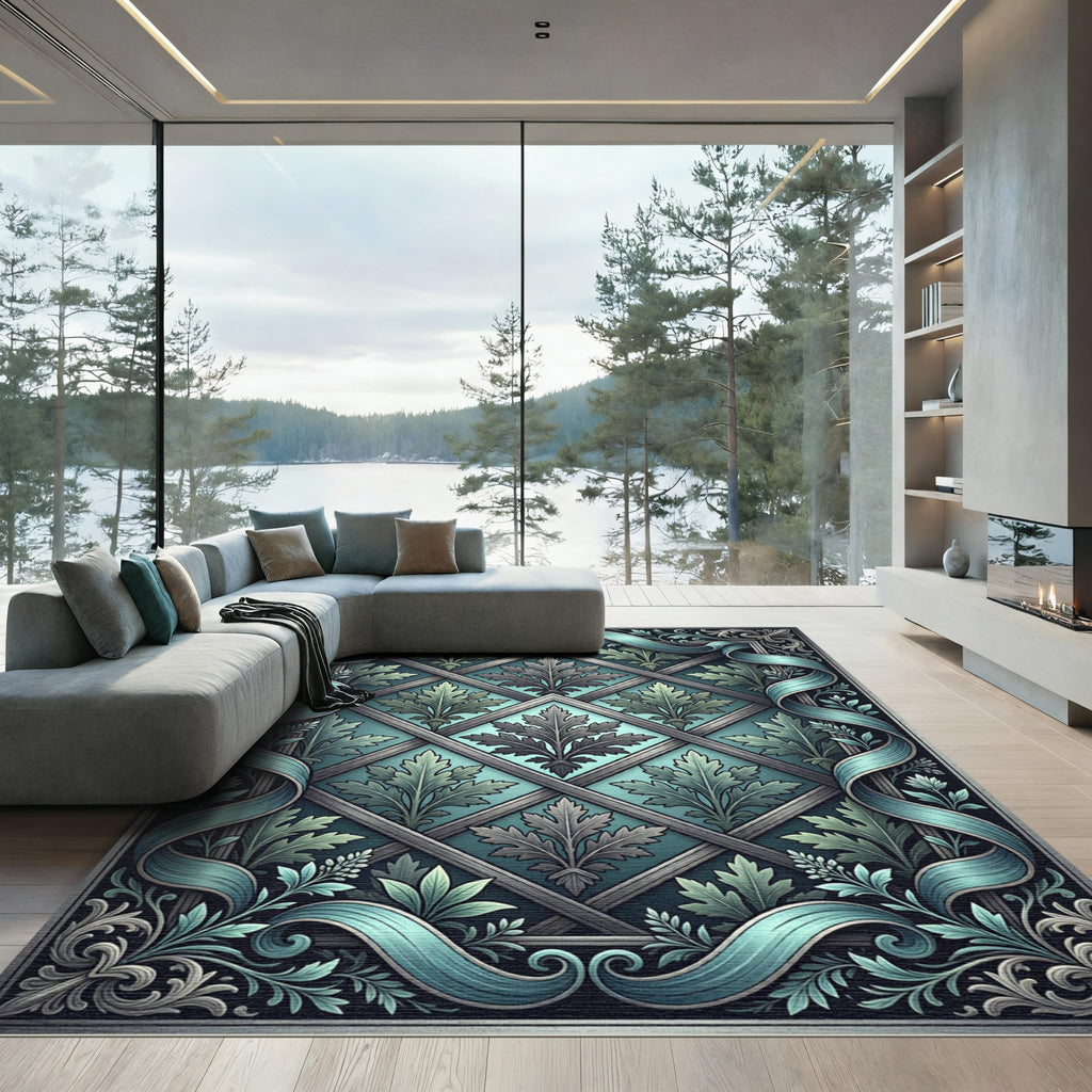 Teal Ascending Leaf Diamond Lattice Rug