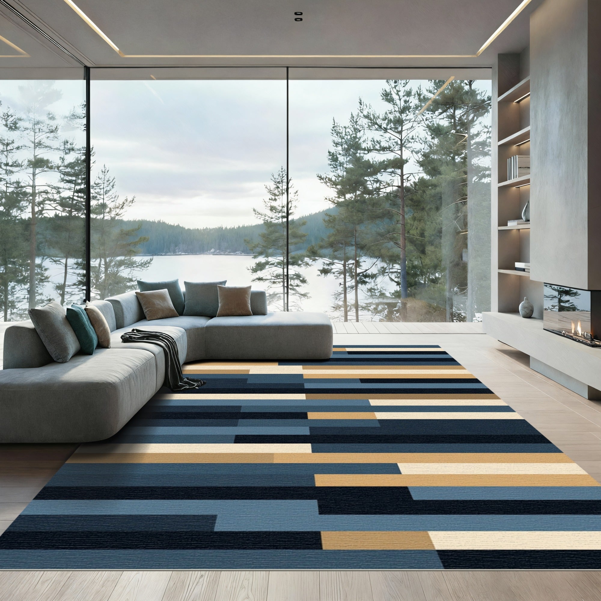 Modular Linear Arrangement Blue Tan Rug
