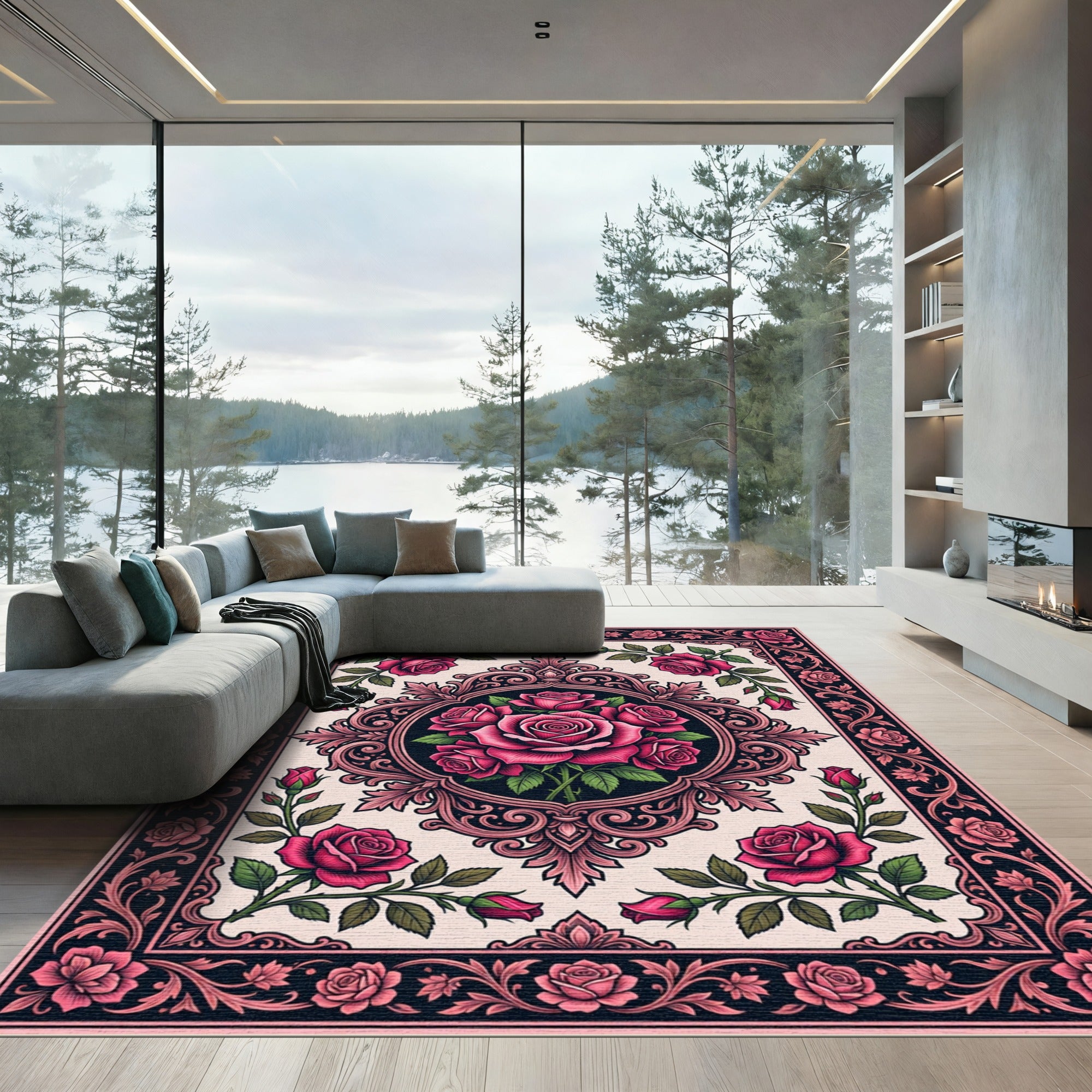 Fuchsia Rose Filigree Oval Border Rug