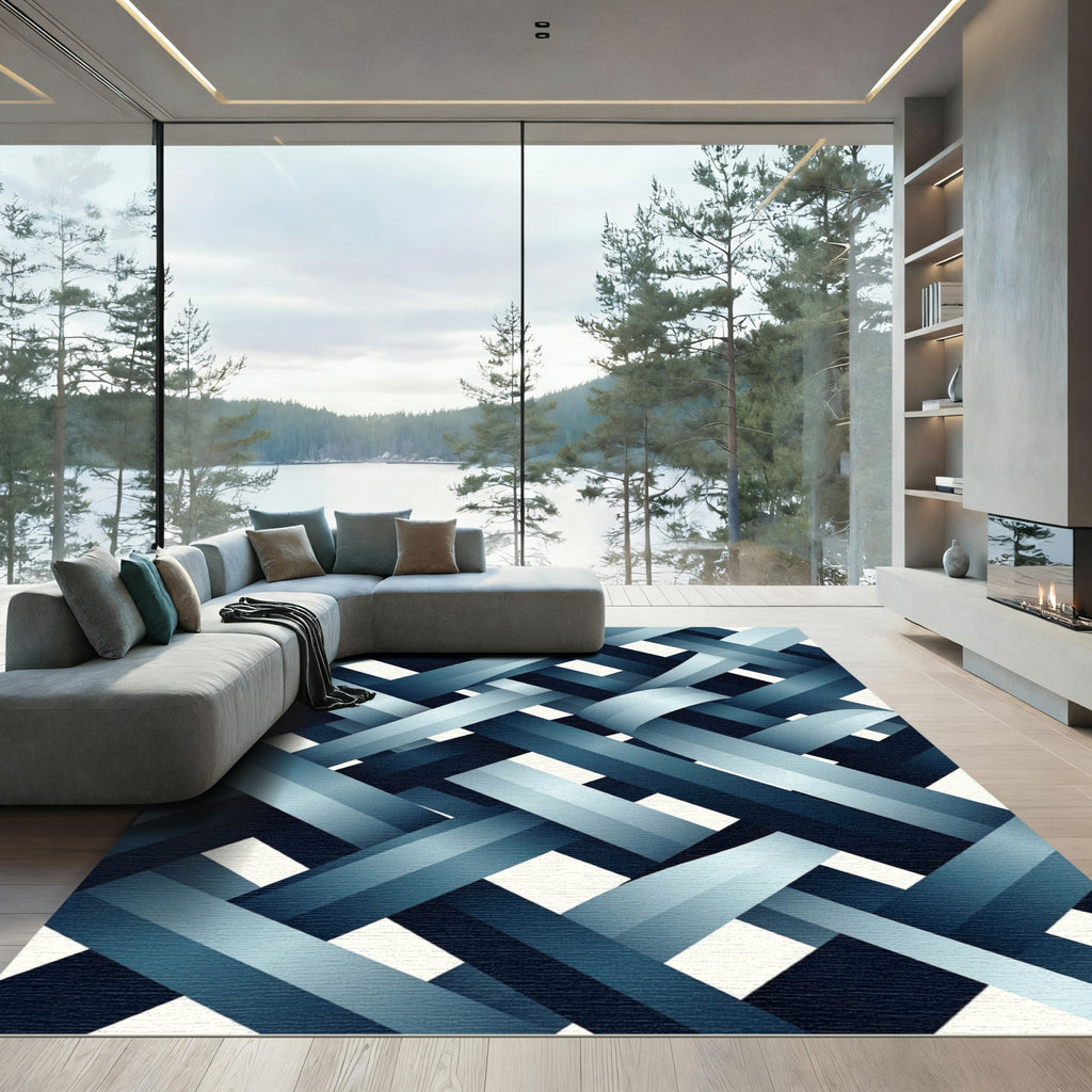 Modern Slate Blue Interwoven Ribbon Rug