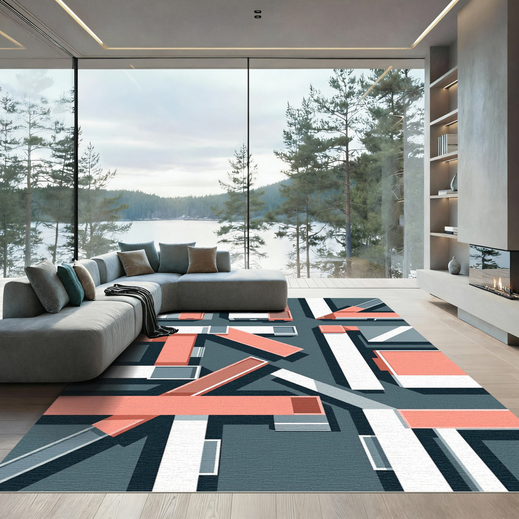 Modern Geometric Peach and Slate Composition Rug