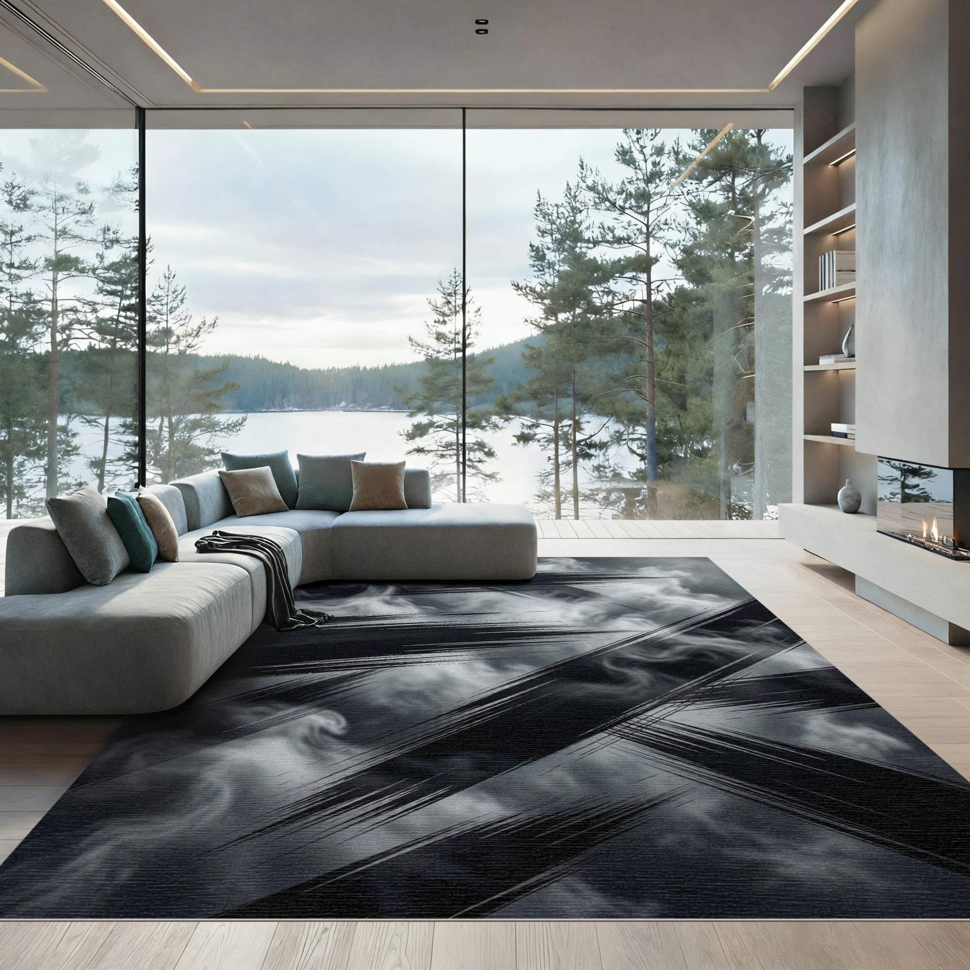 Abstract Monochrome Ink Stroke Swirl Rug