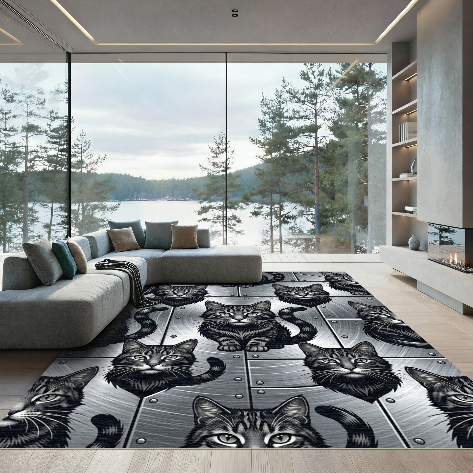 Monochromatic Tabby Cats Repeating Close-Up Rug