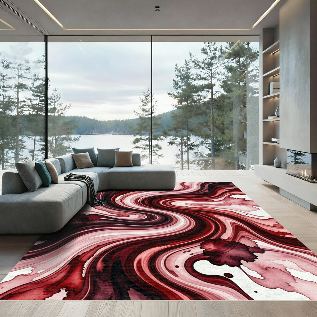 Crimson Liquid Marble Swirl Abstract Rug