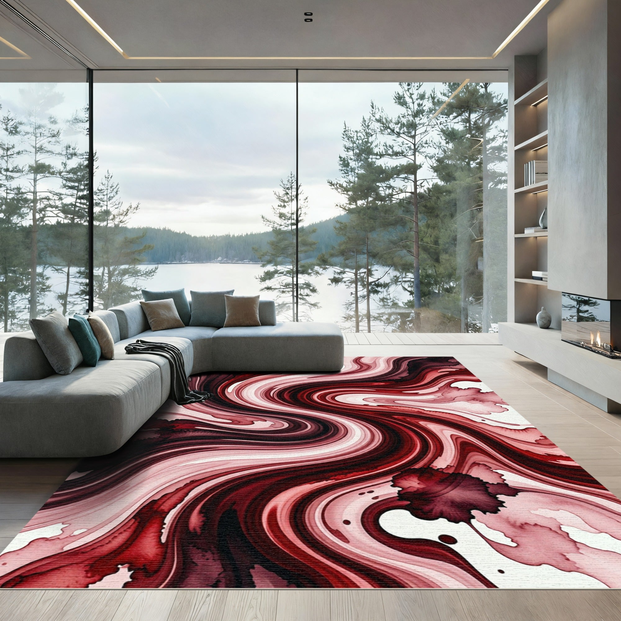 Crimson Liquid Marble Swirl Abstract Rug