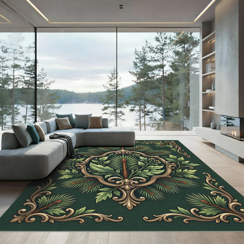 Ornate Emerald Pine Botanical Scroll Rug