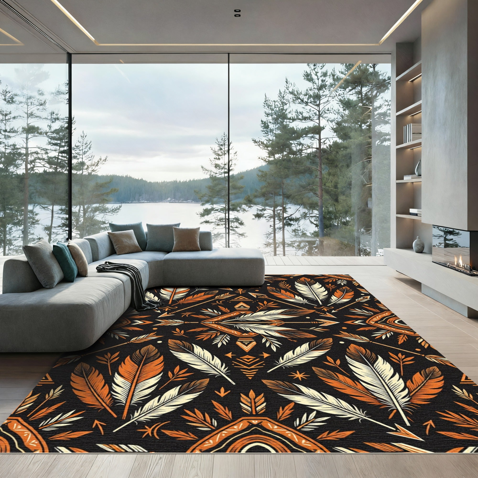 Bold Orange Feather Tribal Arrow Rug